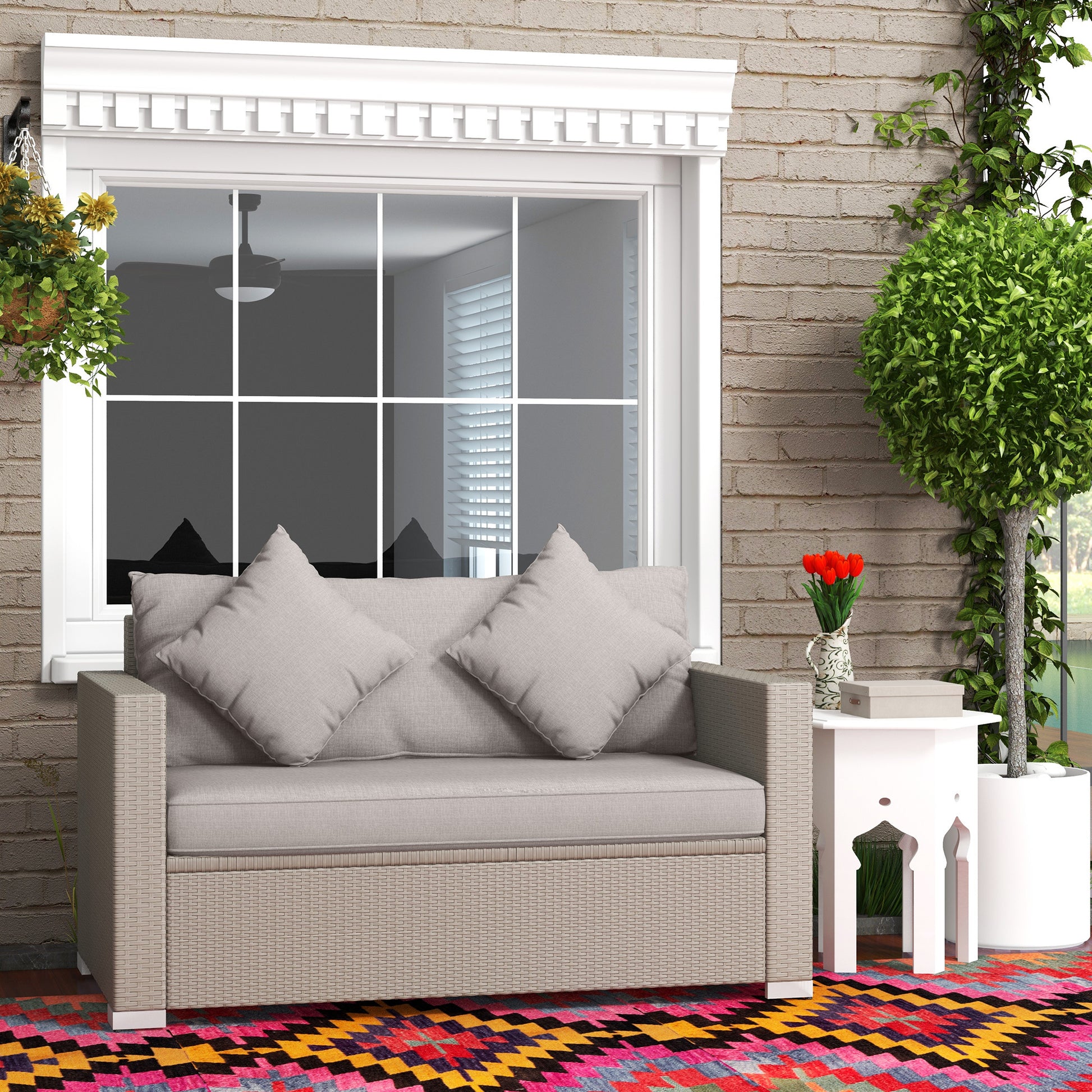 Outsunny Patio Wicker Loveseat With Cushions, 2 Seat Outdoor Pe Rattan Couch, Sofa With Throw Pillows For Porch, Backyard, Garden, Poolside, Gray Gray Steel