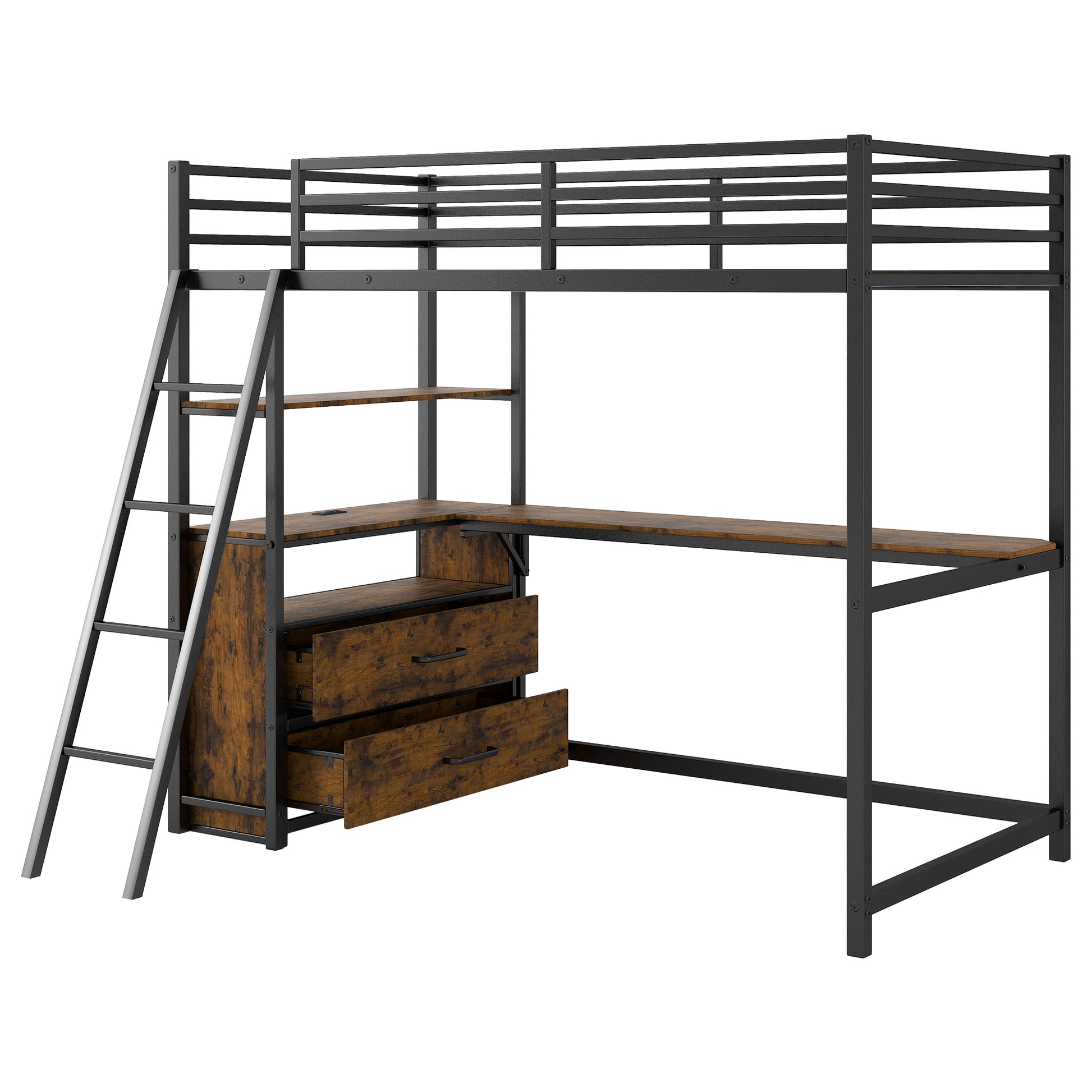 Twin Size Metal&Wood Loft Bed With Desk And Shelves, Two Built In Drawers, Led Light And Usb Charging Station, Black Twin Black Metal & Wood