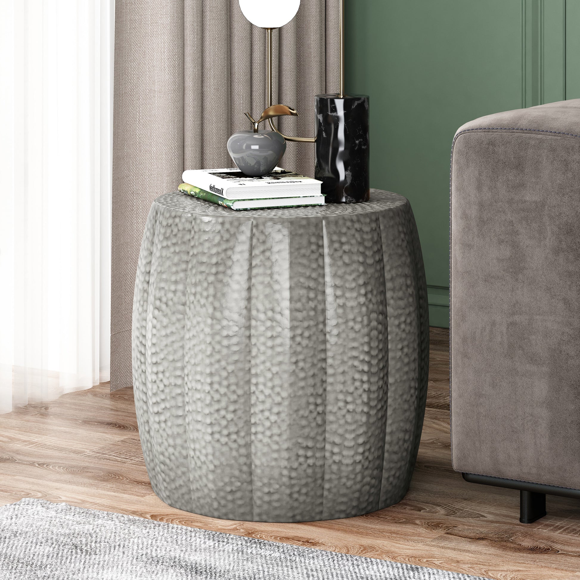 Metal Drum End Table Antique Silver Primary Living Space Contemporary Coffee & End Tables Iron