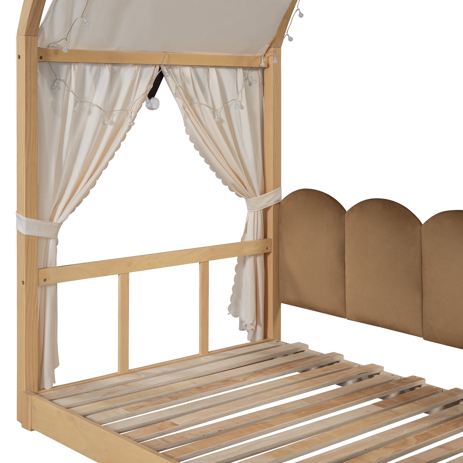 Twin Size Extended Bed With Arched Roof And Trundle, Natural Twin Natural Plywood