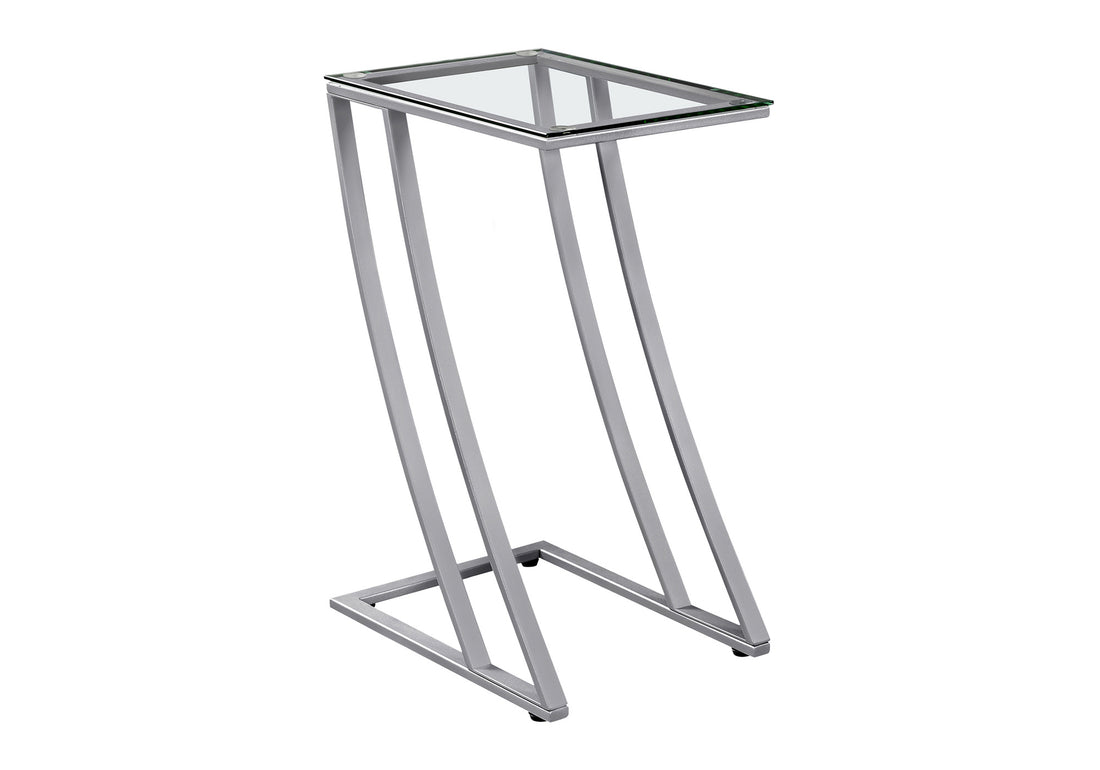 Accent Table, C Shaped, End, Side, Snack, Living Room, Bedroom, Tempered Glass, Grey Metal, Contemporary, Modern Silver Metal