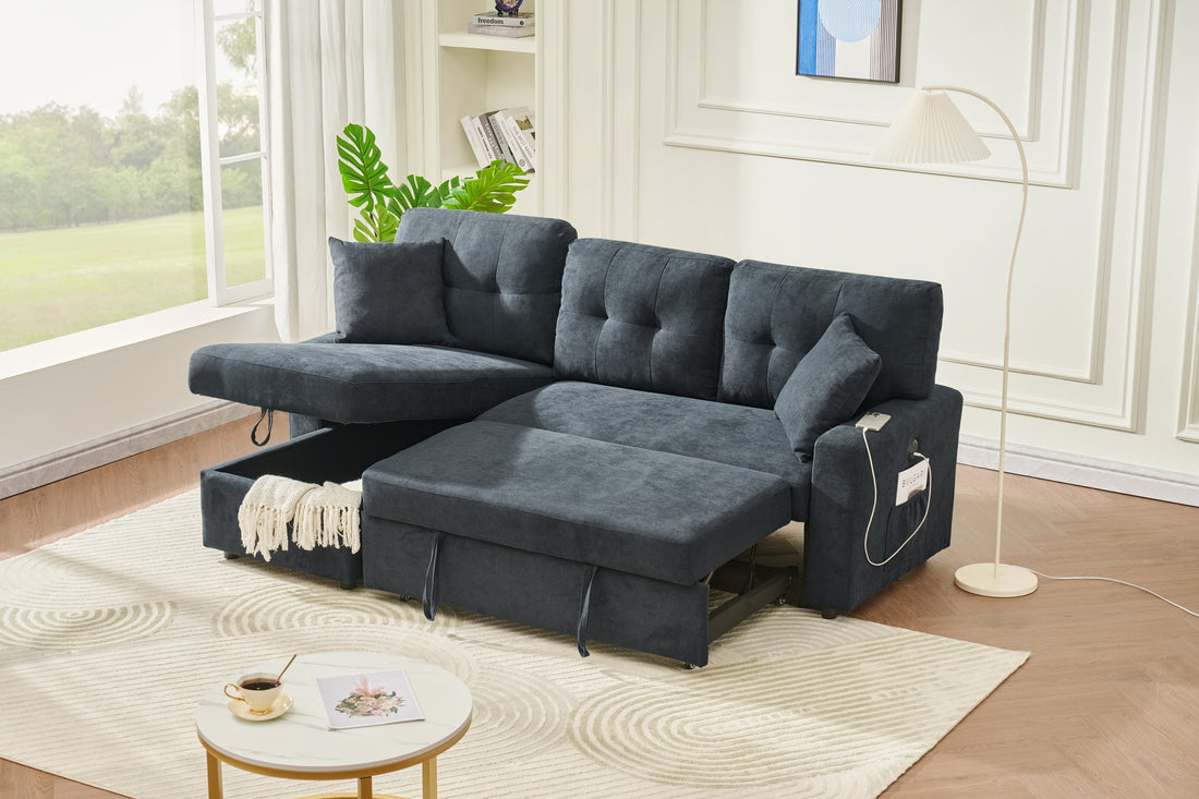 Sectional Sofa Bed L Shaped Sofa Couch Bed With Usb Port, Reversible Sofa Couch Sleeper With Pull Out Bed, Chaise With Storage, Pull Out Couch For Living Room Black Wood Fabric 3 Seat