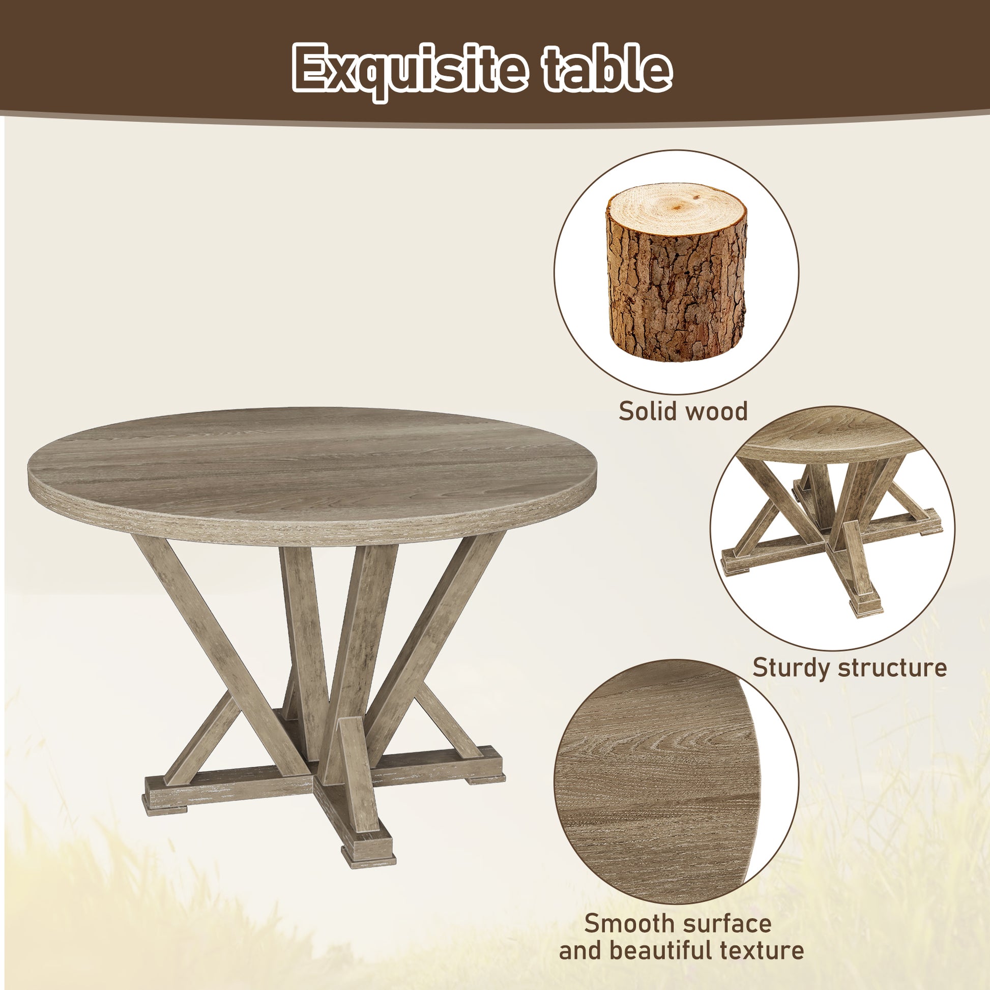 5Pcs Table Set Round Dining Table Solid Wood Modern Farmhouse Rustic Look Distressed Look Wood Grayish Brown Ladder Back Seats 4 Light Brown Dining Room Fixed Table American Design,Farmhouse,French Country,Rustic,Vintage Rubberwood Round Round Dining