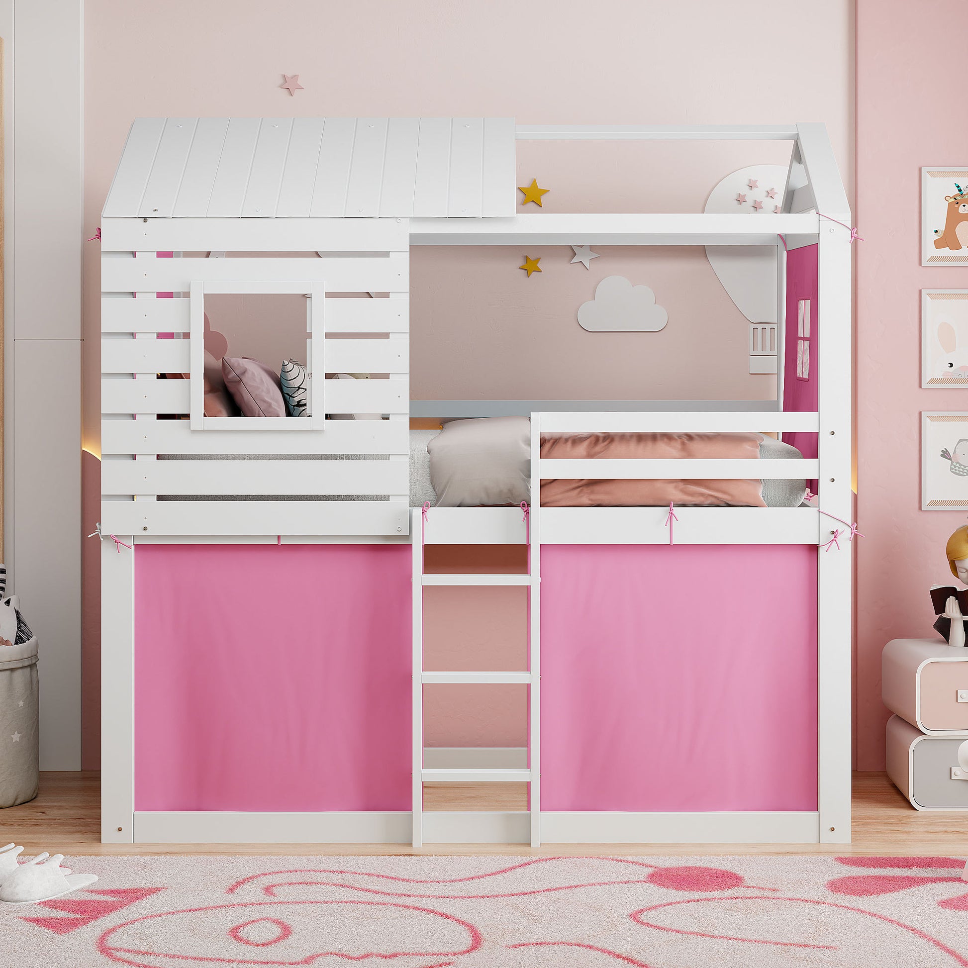 Twin Size Bunk Wood House Bed With Tent, Pink White Twin Pink White Solid Wood Mdf