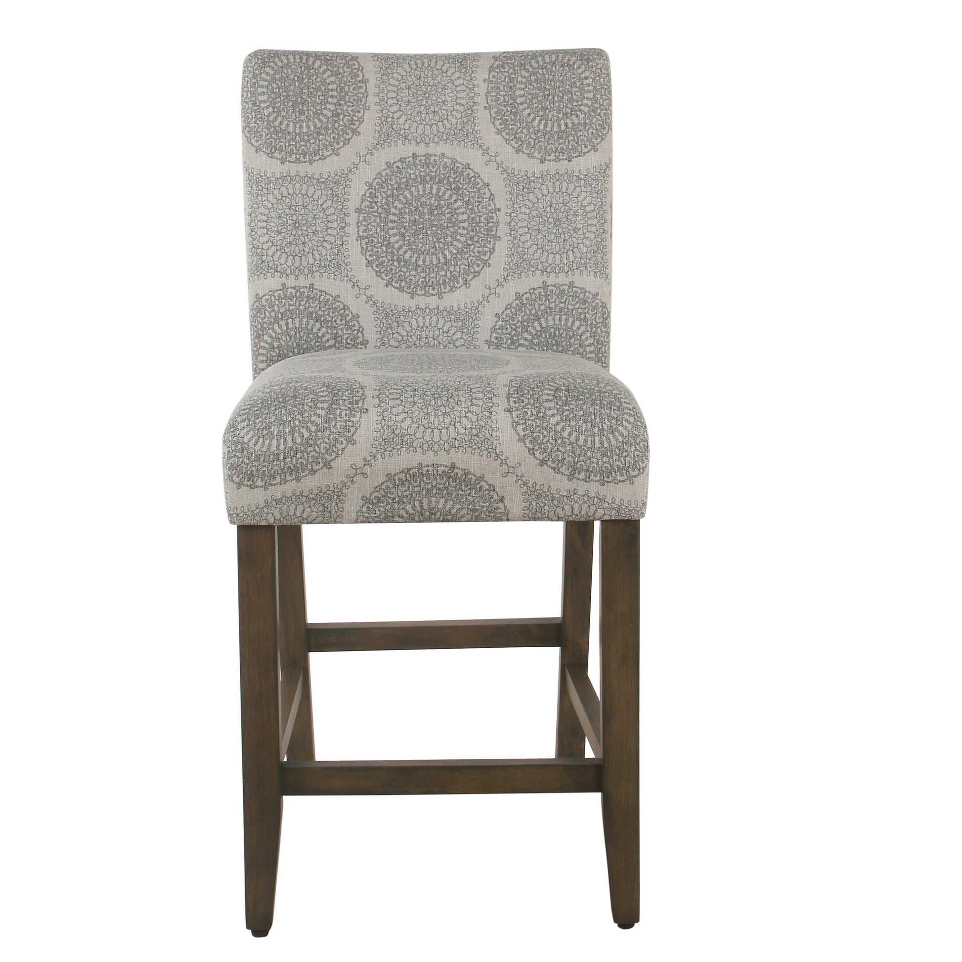 Wooden Counter Height Stool With Medallion Pattern Fabric Upholstery, Gray Gray Wood Fabric