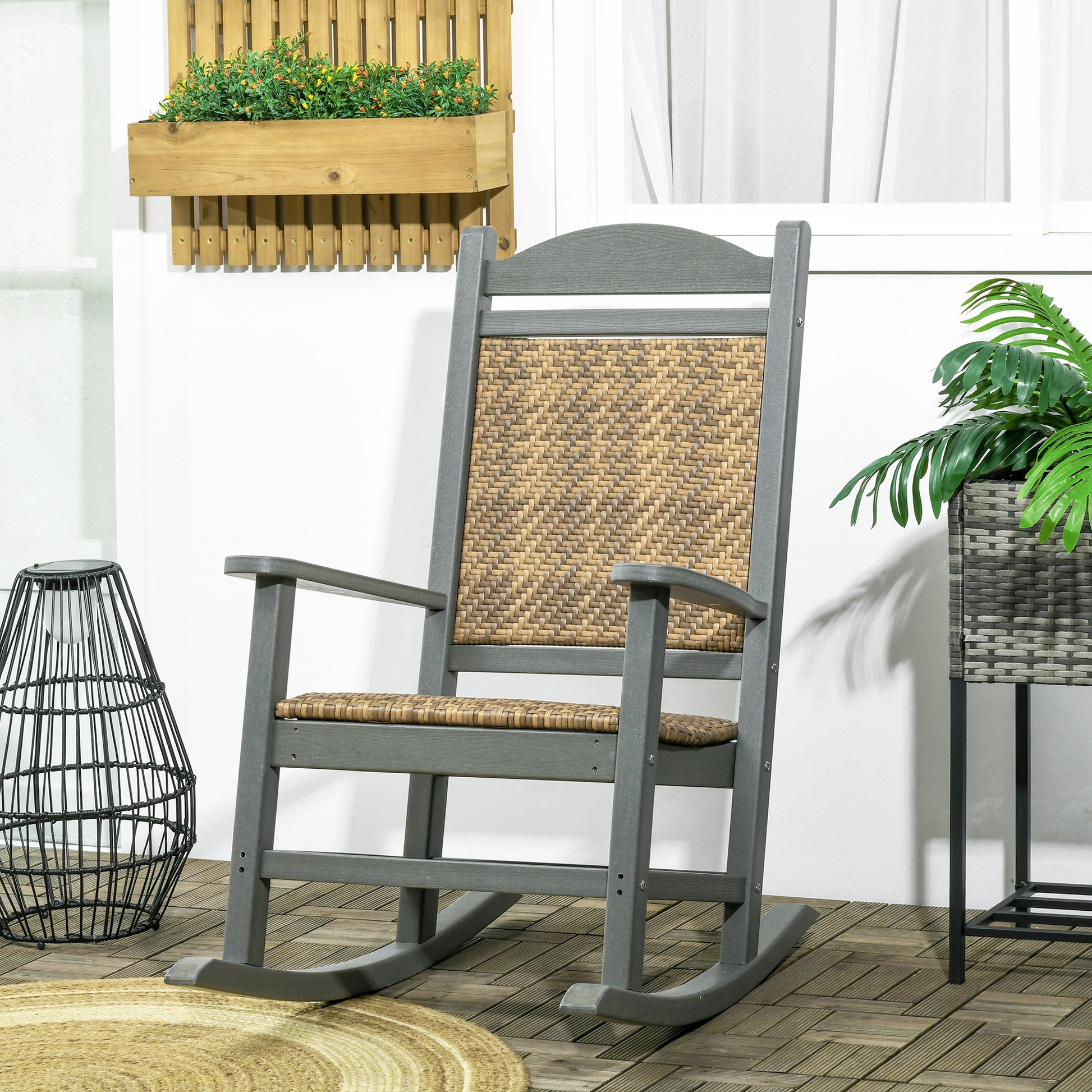 Outsunny Outdoor Rocking Chair, Traditional Wicker Porch Rocker W Soft Padded Seat,Backrest, Fade Resistant Waterproof Hdpe Frame With Pe Rattan For Indoor & Outdoor, Dark Gray Gray Hdpe