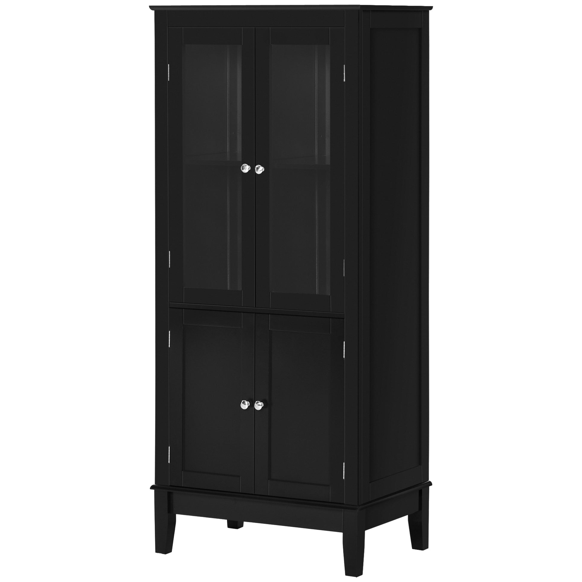 Kleankin Bathroom Floor Cabinet With 2 Storage Cabinets, Tempered Glass Door, Freestanding Linen Tower With Adjustable Shelves For Living Room, Black Black Mdf