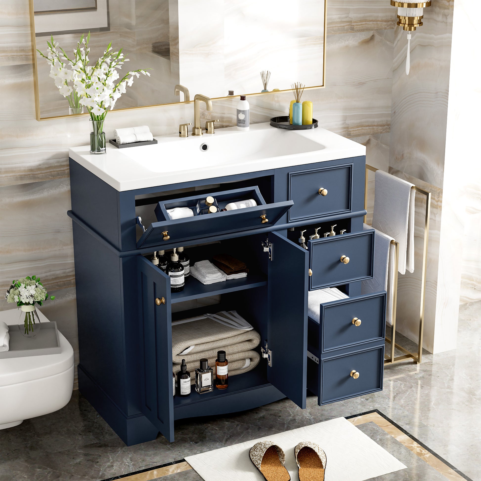 36'' Bathroom Vanity With Resin Sink Combo, Solid Wood Frame Bathroom Storage Cabinet, Freestanding Vanity Set With 3 Drawers& Adjustable Shelf Blue Bathroom Modern Solid Wood Mdf Resin