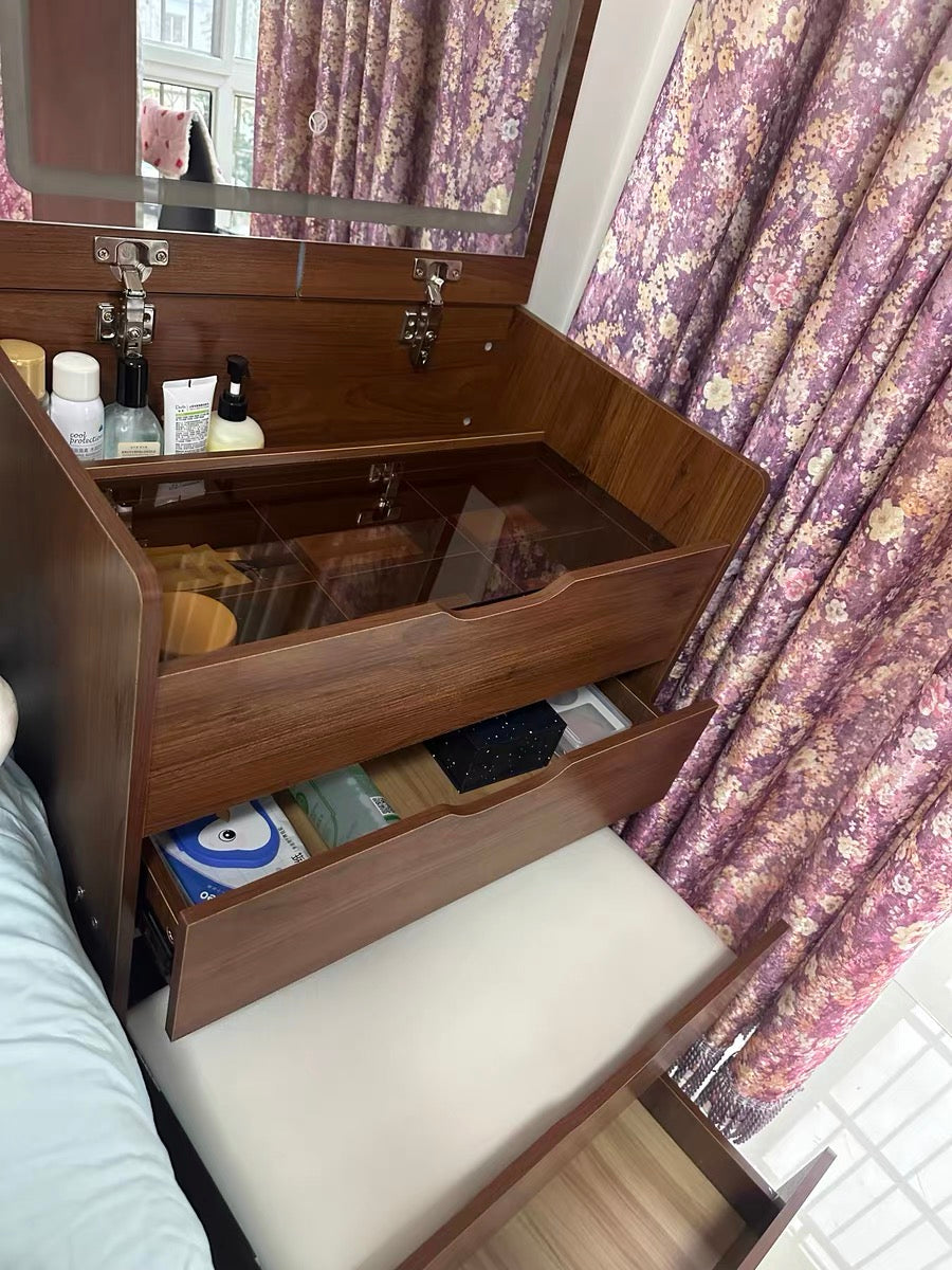 Walnut 3 In 1 Vanity Desk With Plip Top Mirror,Small Make Up Vanity Set With Visible Glass Desktop,Compact Makeup Vanity With 3 Drawers,Cushioned Tool,Dressing Table For Bedroom Walnut Mdf Glass