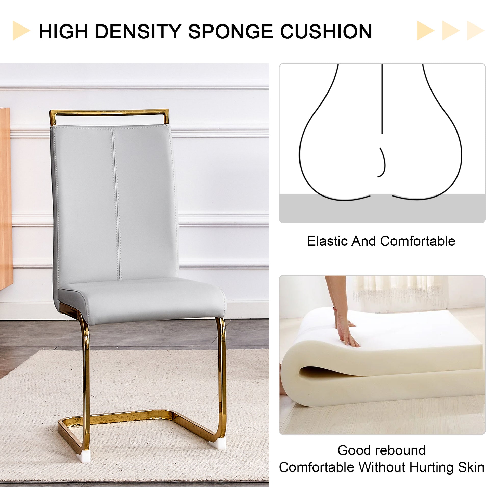 Table And Chair Set.Large Modern Rectangular Table With 0.4 Inch Patterned Glass Tabletop And Large Mdf Table Legs.Comes With 6 Chairs With Faux Leather Cushioned Seats And Golden Metal Legs. Gold White Seats 6 Mdf Glass
