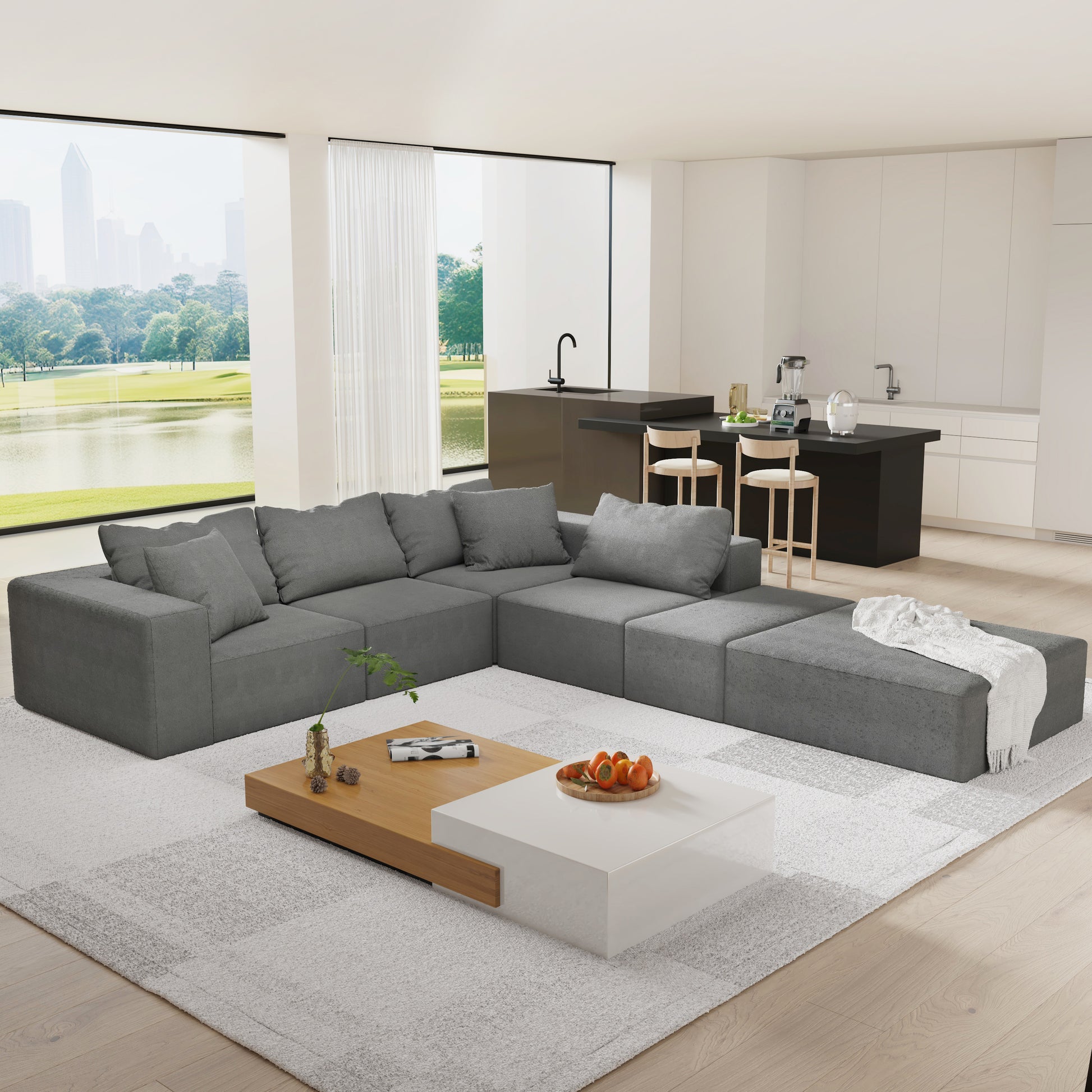 Modern Upholstered Sectional Sofa Couch Set,Modular 132" L Shaped Sectional Living Room Sofa Set With 6 Pillows,Free Combination Sofa Couch For Living Room,Bedroom Grey Foam Chenille 6 Seat