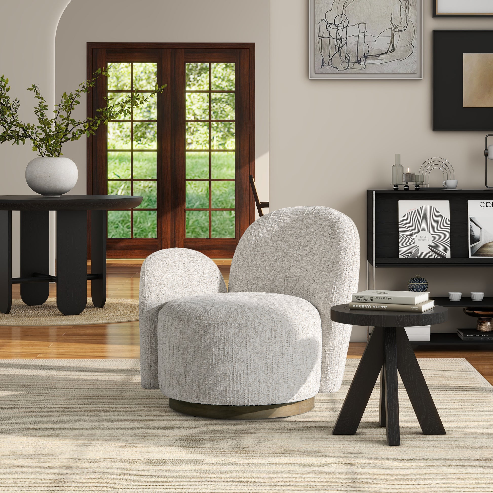 Duo 31.5" Laf One Arm Swivel Accent Chair, Multi Greige Beige Chenille Beige Foam Chenille