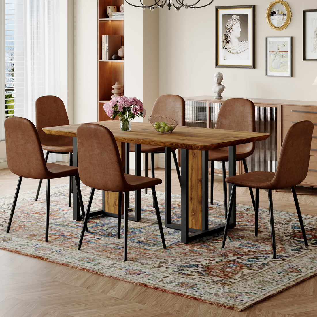 Table And Chair Set.67"X36" Wood Textured Mdf Dining Table Set With 6 Brown Suede Chairs.Mdf Sticker,Wood Colored Texture Sticker,Brown Armless Dining Chair,Suitable For Kitchen,Dining Room,Etc.