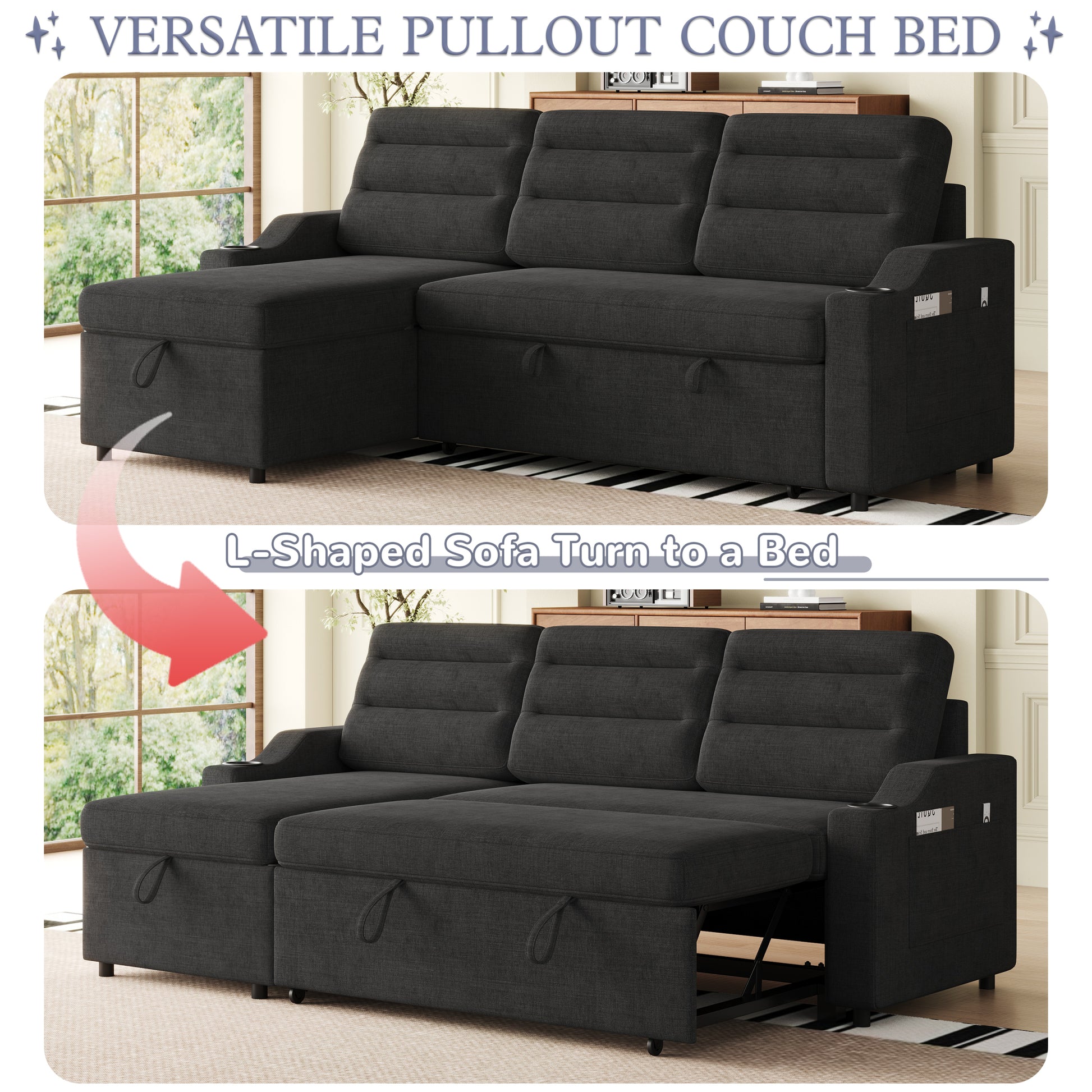 Mh83.5" Convertible Sleeper Combo Sofa, Convertible Sofa Bed Polyester Pullout Bed With Storage Recliner And Cup Holder For Living Room, Tight Spaces Black Polyester Wood Primary Living Space Pine Polyester Fabric 3 Seat