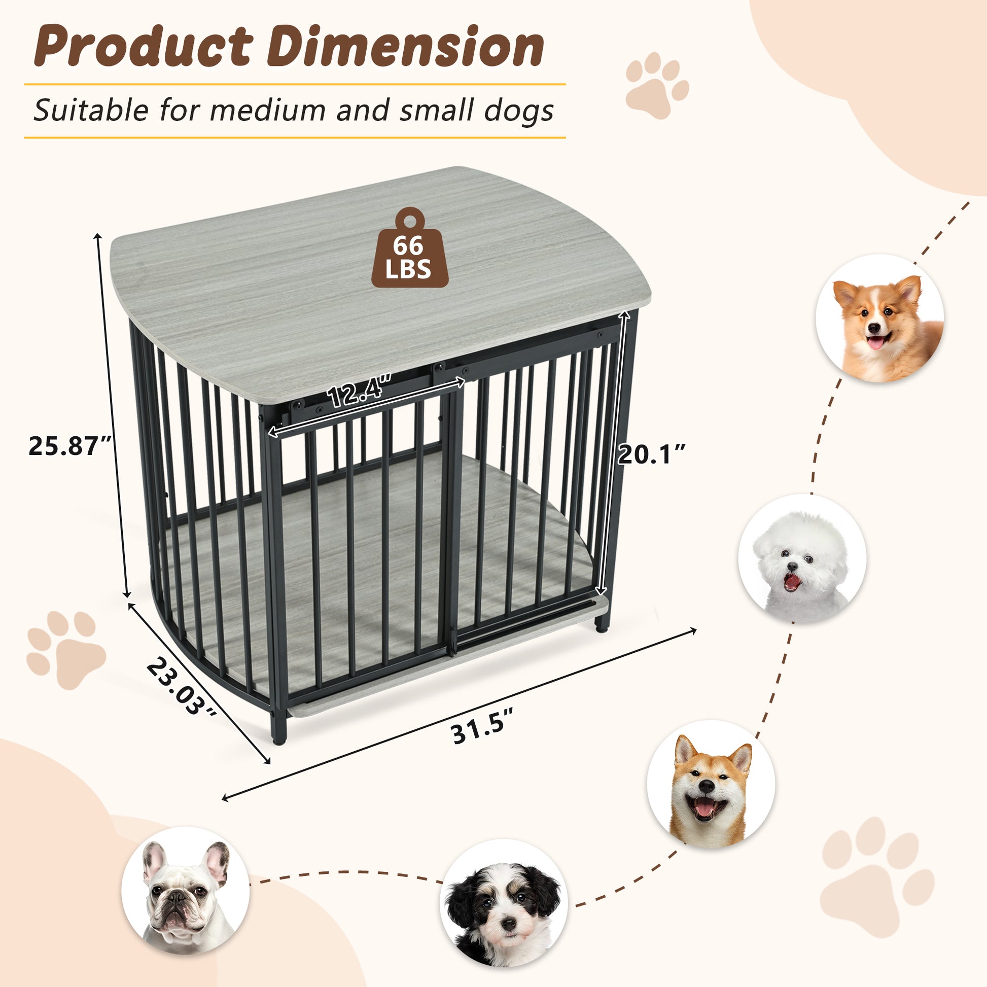 31.5" Furniture Style Dog Crate For Small And Medium Dogs, Wooden Cage Indoor Kennel Furniture, Modern Dog Crate End Table With Double Doors, Gray Gray Pet Barrier Medium 26 40 Lbs Iron,Mdf
