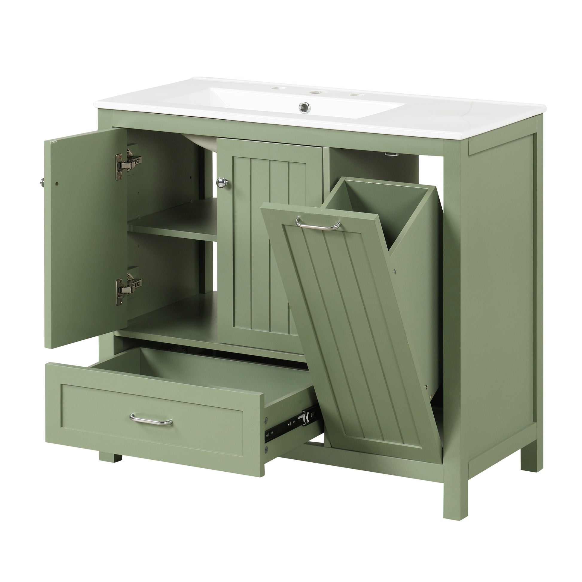 36" Bathroom Vanity With Sink, One Cabinet With Two Doors And One Big Drawer And One Flip Drawer, Solid Wood And Mdf Board, Green Green Solid Wood Mdf