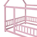 Full Size Floor Wooden Bed With House Roof Frame, Fence Guardrails ,Pink Full Pink Pine