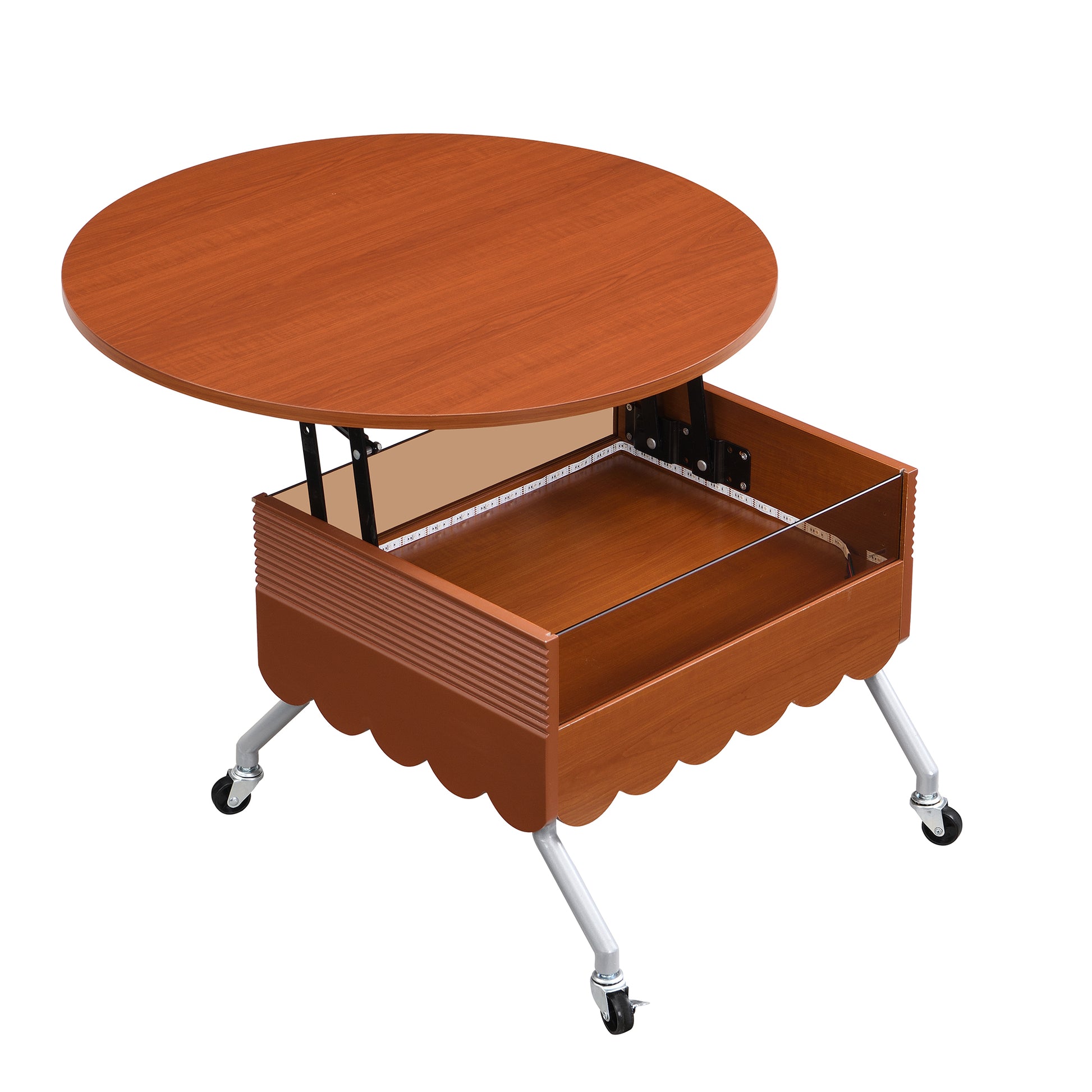Round Lift Top Coffee Table With Wheels, Metal Frame And Multi Color Lighting In 27.6" Mahogany Glass,Mdf Metal