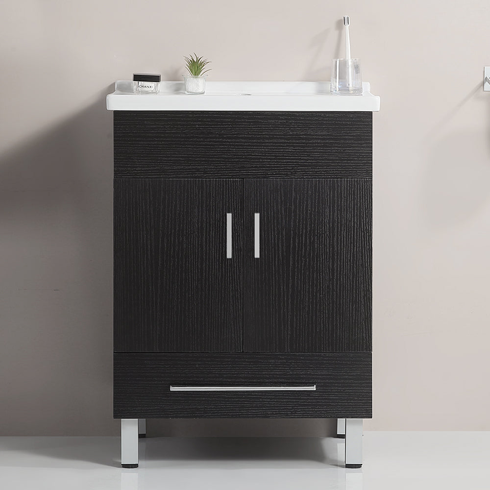 24 Inch Double Doors With Drawers Black Bathroom Cabinet With Ceramic Sink Black Solid Wood