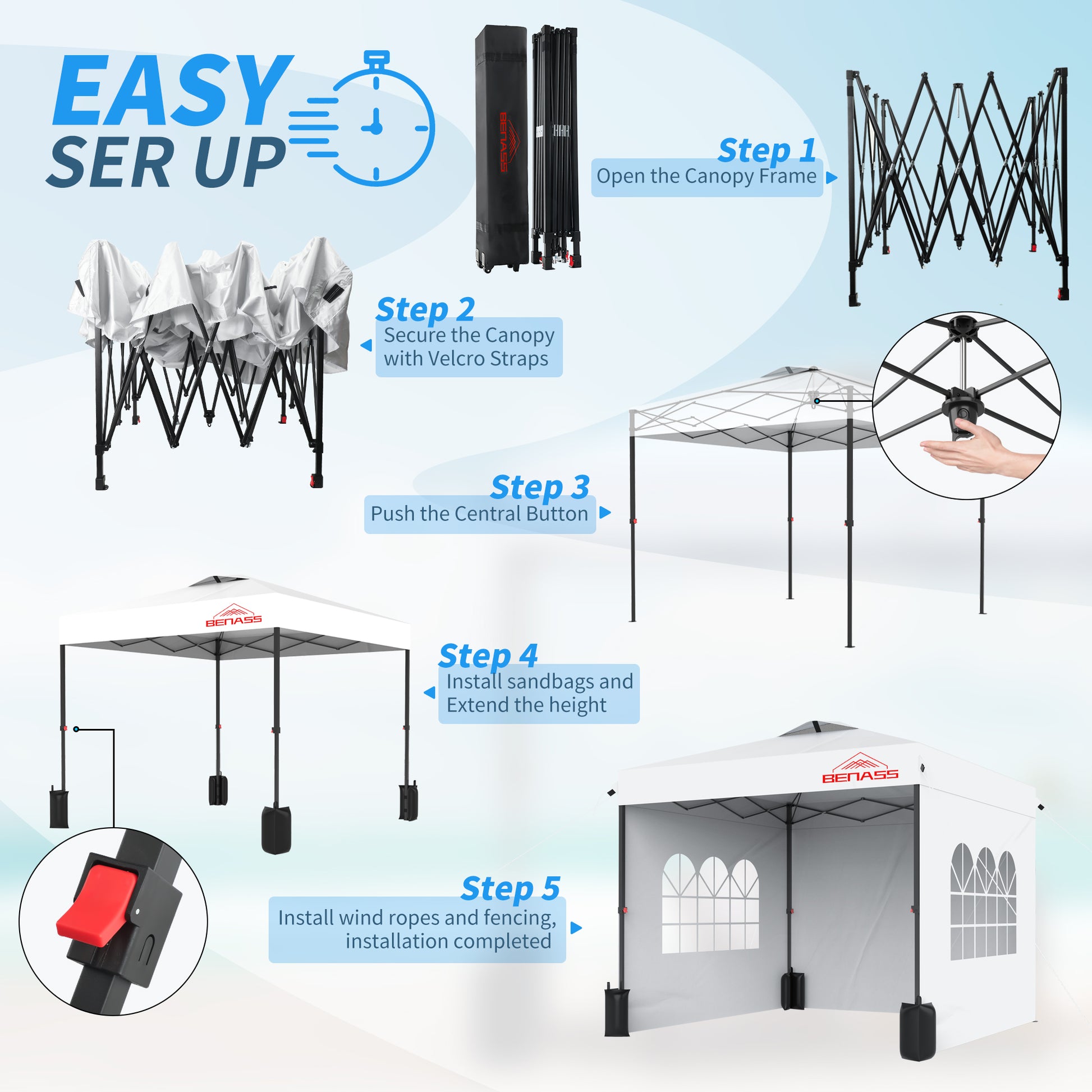 10X10 Pop Up Canopy With Sidewalls, Easy Up Canopy Tent, Heavy Duty Tents For Parties, One Person Set Up Event Tent, White White Steel