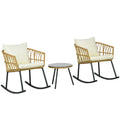 Outsunny 3 Piece Bistro Set With Cushions, Outdoor Pe Rattan Wicker Patio Rocking Chair With 2 Porch Rocker Chairs, Glass Top Coffee Table Patio Conversation Set, Cream White Cream Brown Steel