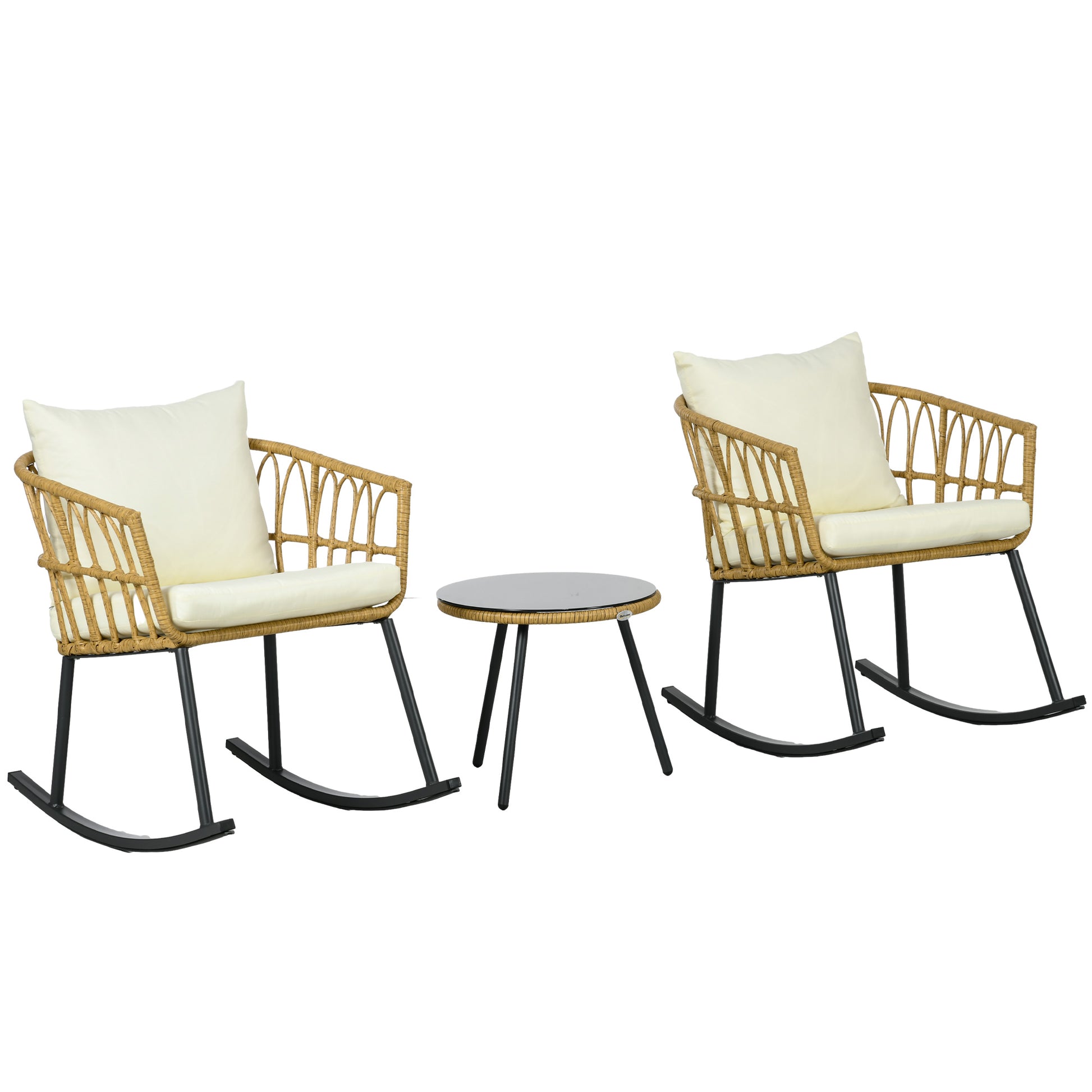 Outsunny 3 Piece Bistro Set With Cushions, Outdoor Pe Rattan Wicker Patio Rocking Chair With 2 Porch Rocker Chairs, Glass Top Coffee Table Patio Conversation Set, Cream White Cream Brown Steel