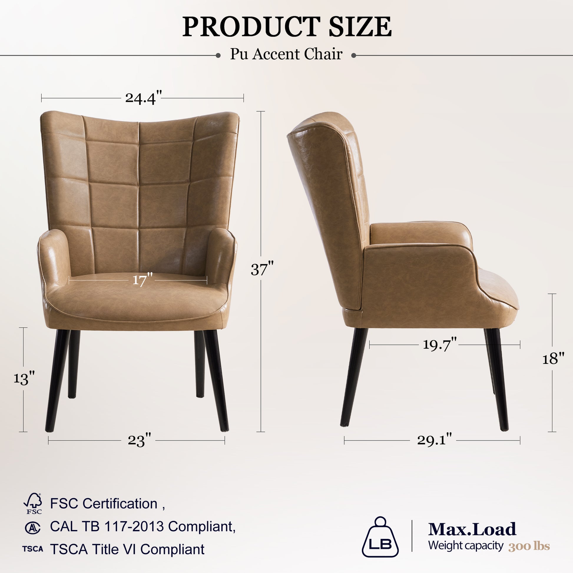 Pu Leather Accent Chair, Upholstered Living Room Chair With Soild Wood Leg, Reading Armchair For Living Room Bedroom Home Office, Amber Amber Brown Study Classic,Retro Birch Upholstered Polyester