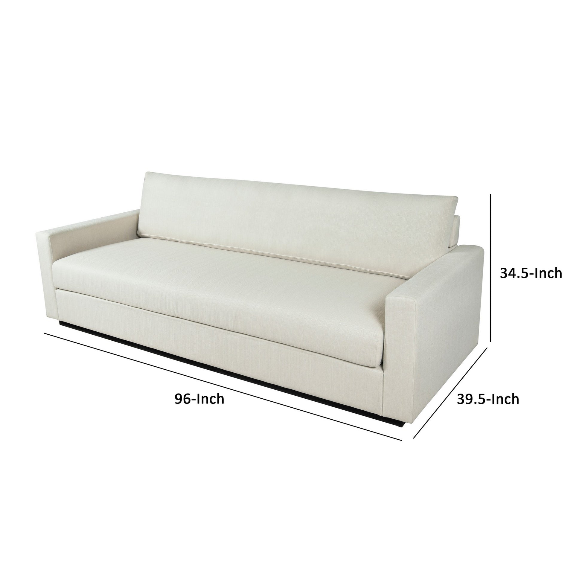 96 Inch Modern Sofa, Pillow Back, Track Style Arms, White Fabric Upholstery White Wood 4 Seat