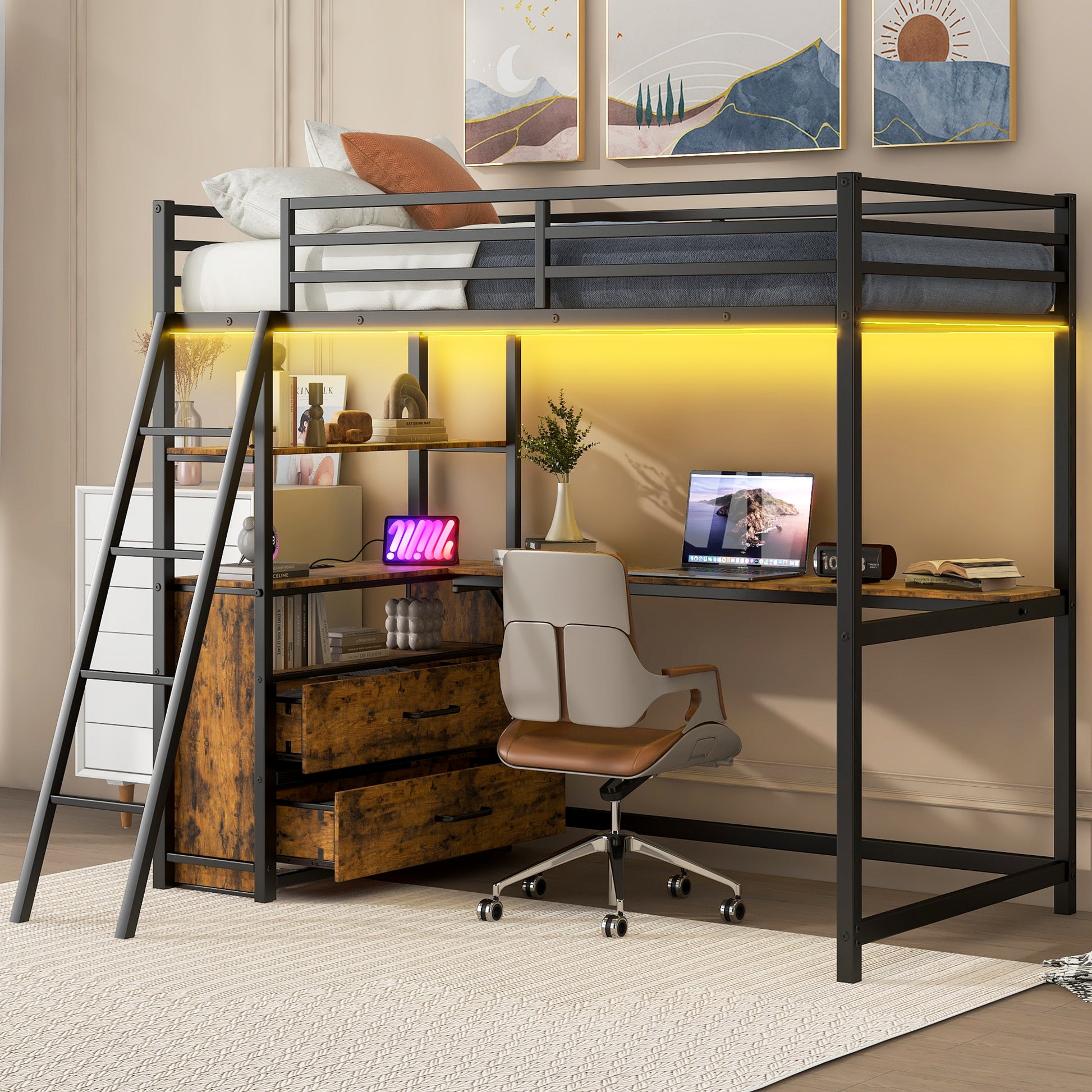 Twin Size Metal&Wood Loft Bed With Desk And Shelves, Two Built In Drawers, Led Light And Usb Charging Station, Black Twin Black Metal & Wood