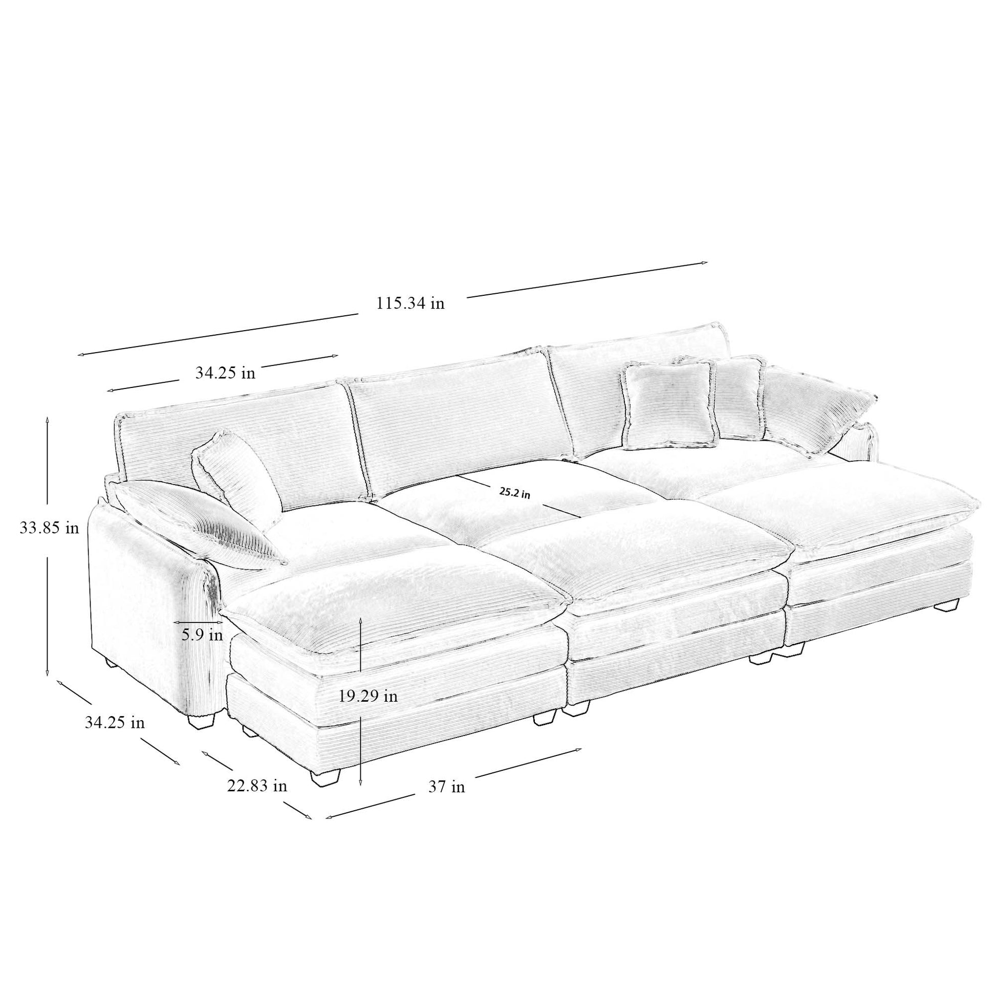 Oversized Modular Cushioned Sofa,With 3 Ottomans To Work As Sleeper Sofa Beds, 3 Seater Sofa With 3 Footstools,Tan Corduroy Fabric Tan Corduroy 3 Seat