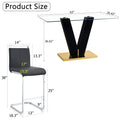 Table And Chair Set. A Rectangular Glass Dining Table With A 0.4 Inch Tempered Glass Tabletop And Mdf Board V Shaped Bracket, Paired With Chairs Consisting Of Pu Seat Cushions And Silver Metal Legs. Black Seats 4 Tempered Glass