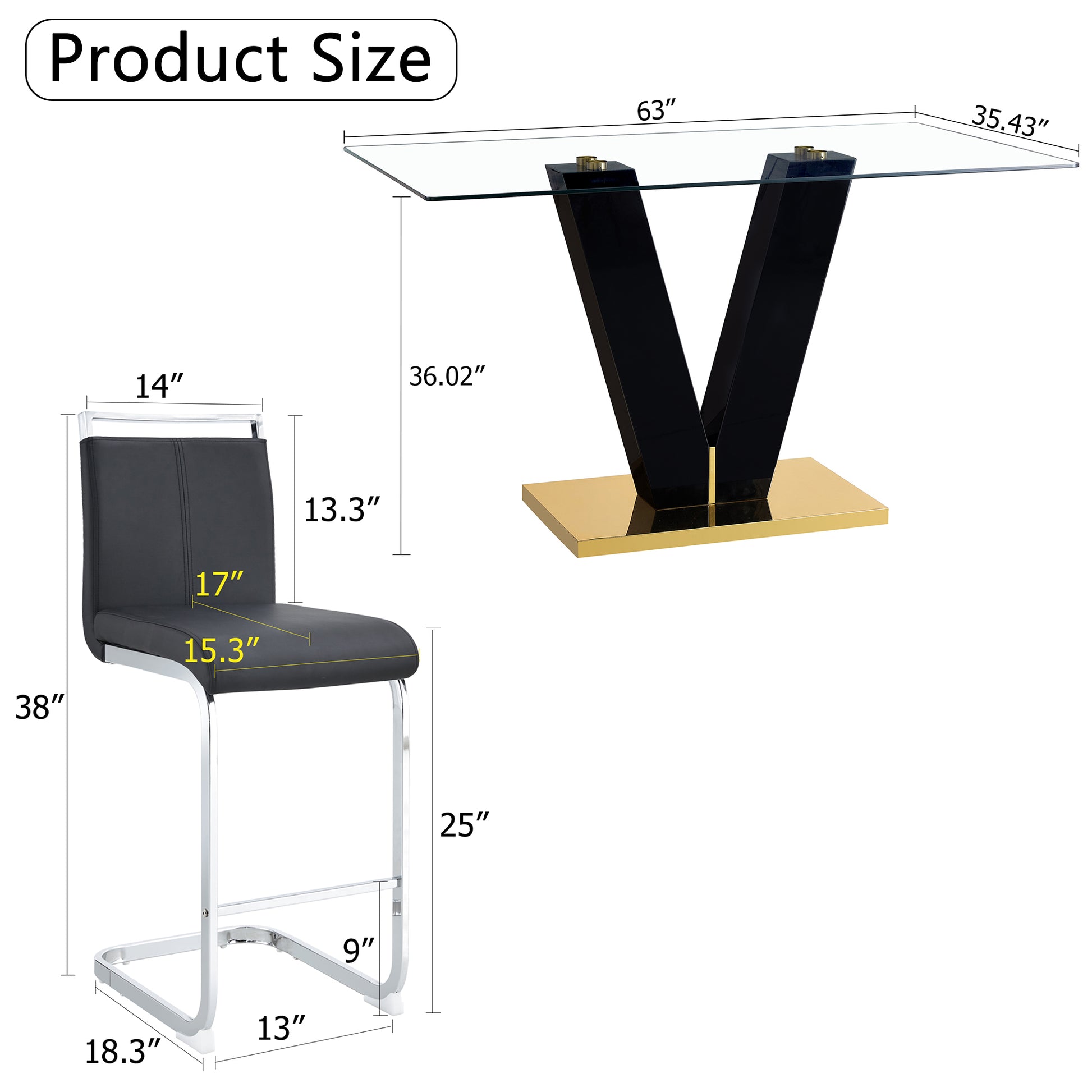 Table And Chair Set. A Rectangular Glass Dining Table With A 0.4 Inch Tempered Glass Tabletop And Mdf Board V Shaped Bracket, Paired With Chairs Consisting Of Pu Seat Cushions And Silver Metal Legs. Black Seats 4 Tempered Glass
