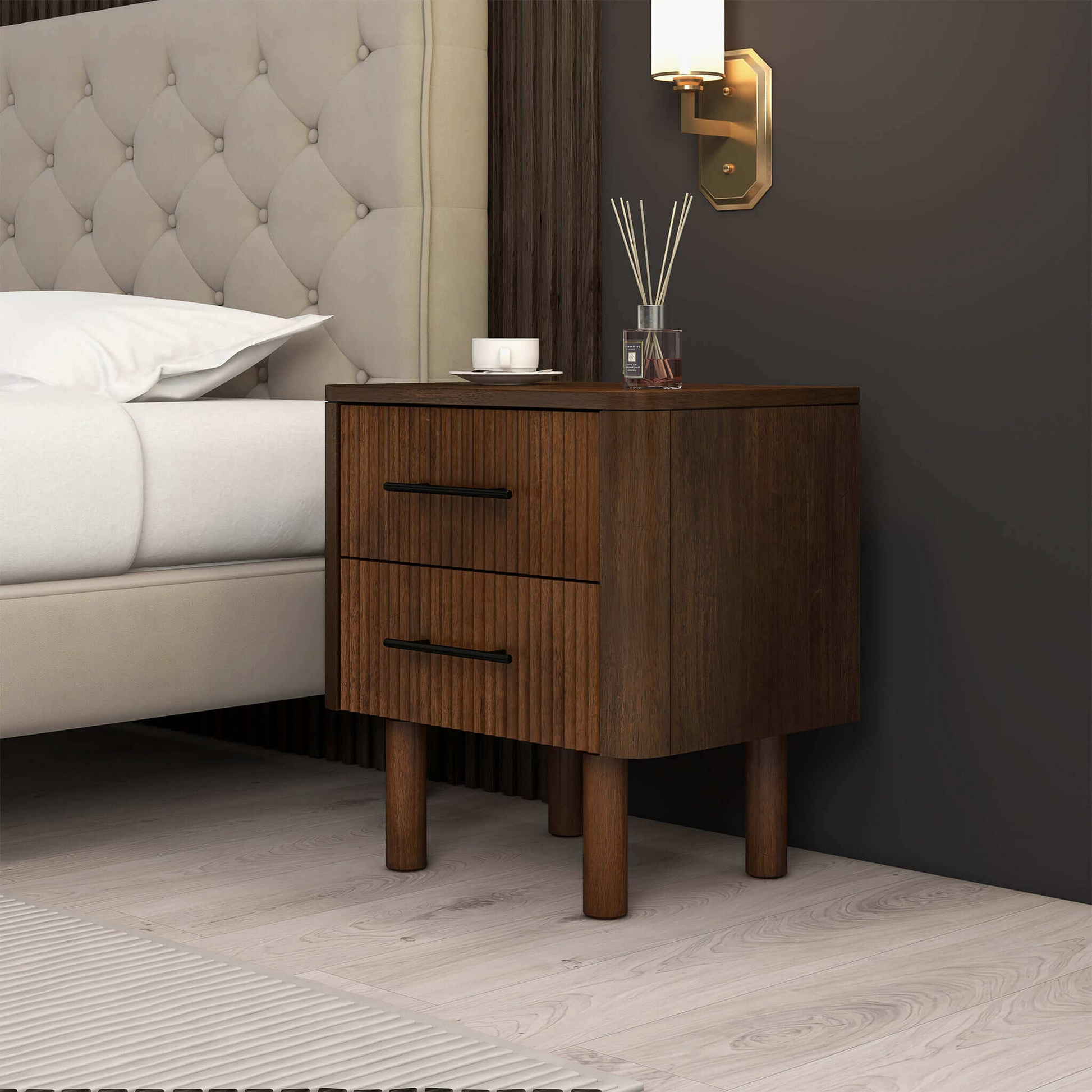 Logan Mid Century Modern Walnut Nightstand Bed Side Tables With 2 Drawers Brown,Wood Brown 2 Drawers Bedroom With Legs Mid Century Modern Solid Wood Walnut Finish Solid Wood