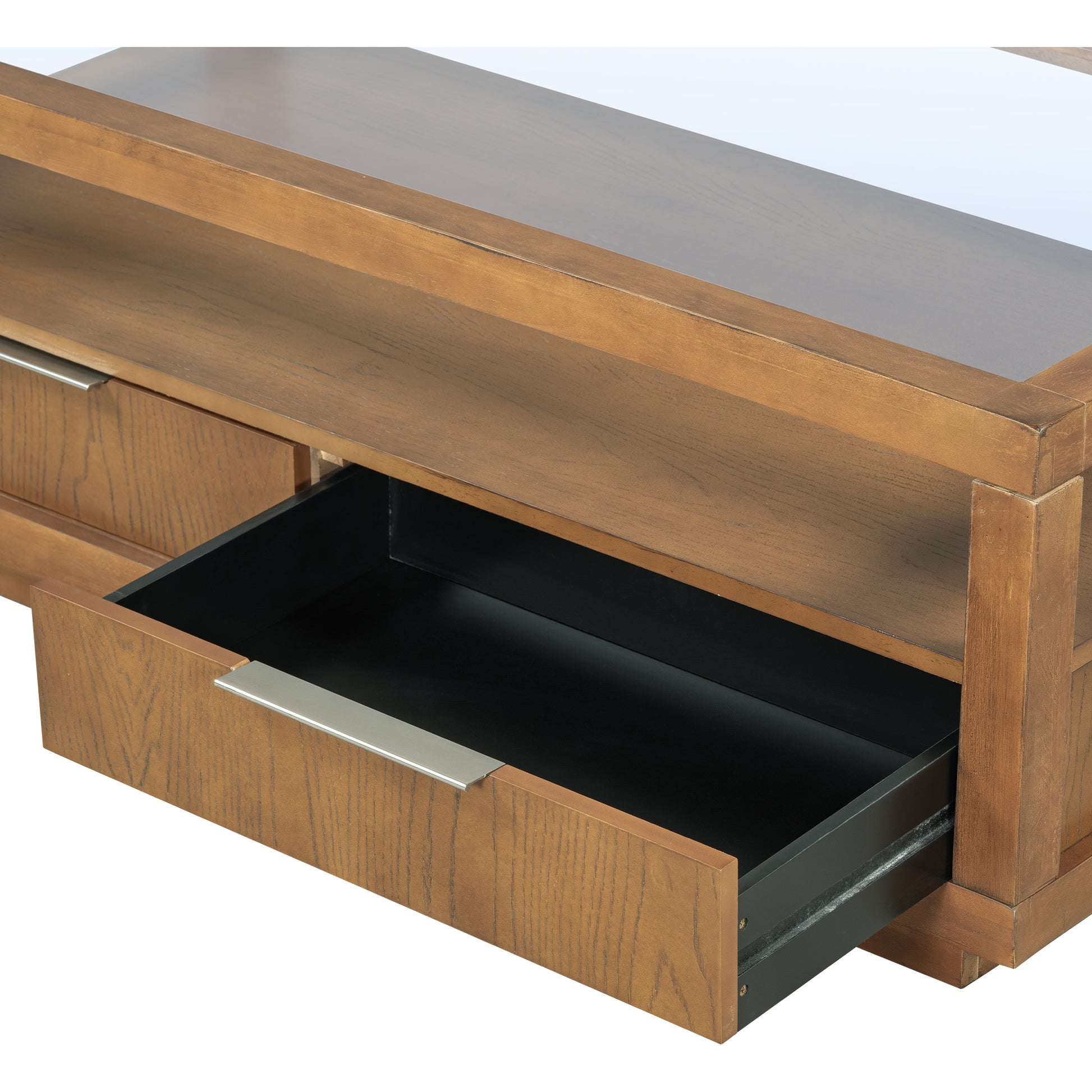 Modern Wood Coffee Table With 2 Drawers ,Minimalist Display Coffee Table With Transparent Tempered Glass, Open Storage Shelf For Living Room Brown Solid Wood Mdf