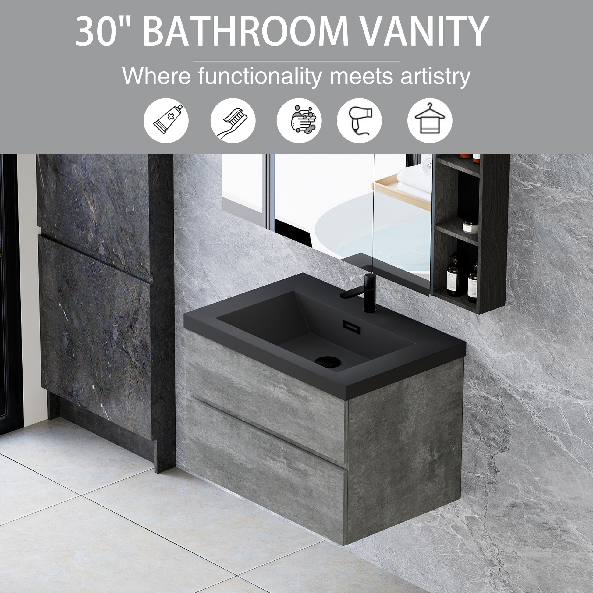 30" Floating Bathroom Vanity With Sink, Modern Wall Mounted Bathroom Storage Vanity Cabinet With Black Quartz Sand Top Basin And Soft Close Drawers, Grey 24V12 30Gr 2 Grey Bathroom Wall Mounted Wood