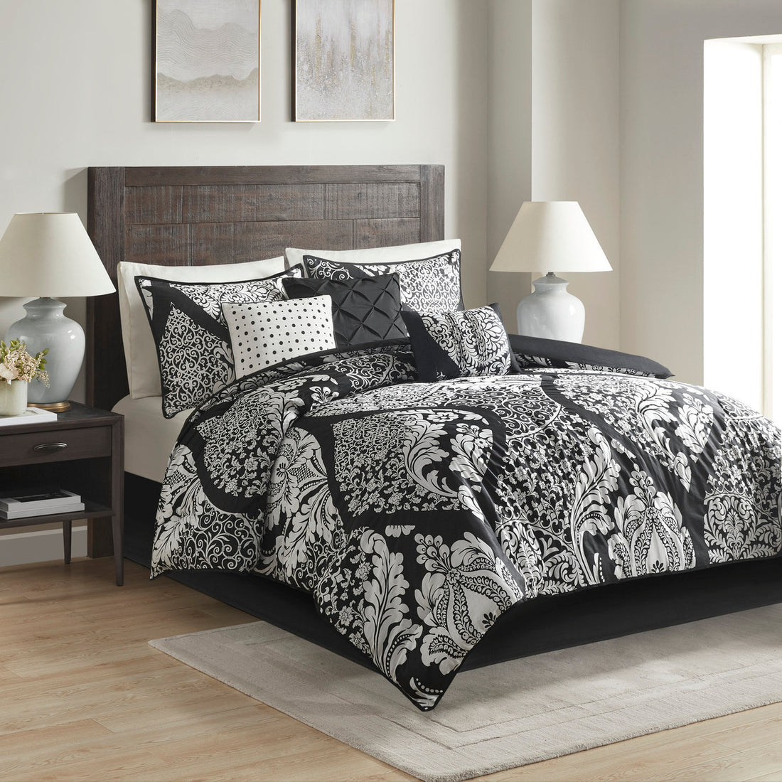 7 Piece Cotton Printed Comforter Set Black Cal King California King Black Polyester