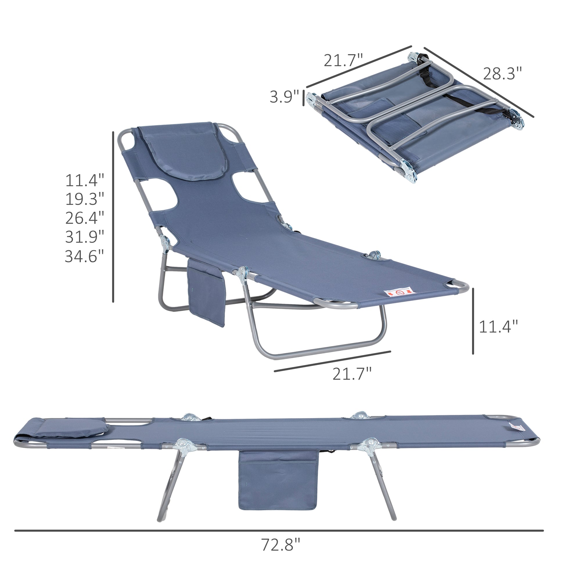 Outsunny Folding Beach Lounge Chair With Face Hole And Arm Slots, 5 Level Adjustable Sun Lounger Tanning Chair With Pillow For Patio, Garden, Beach, Pool, Gray Gray Oxford Fabric