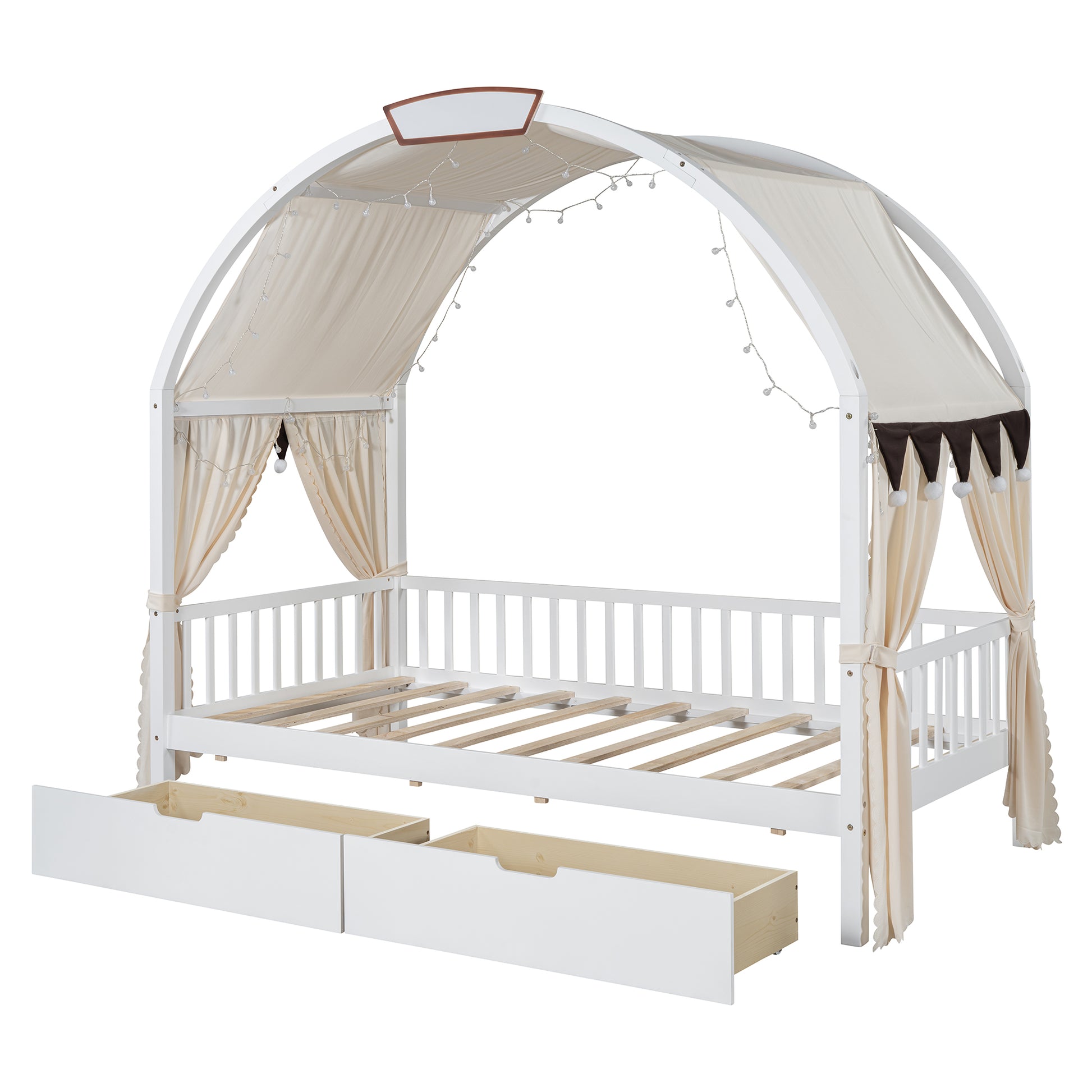 Twin Size Bed With Arched Roof And 2 Drawers, White Twin White Plywood