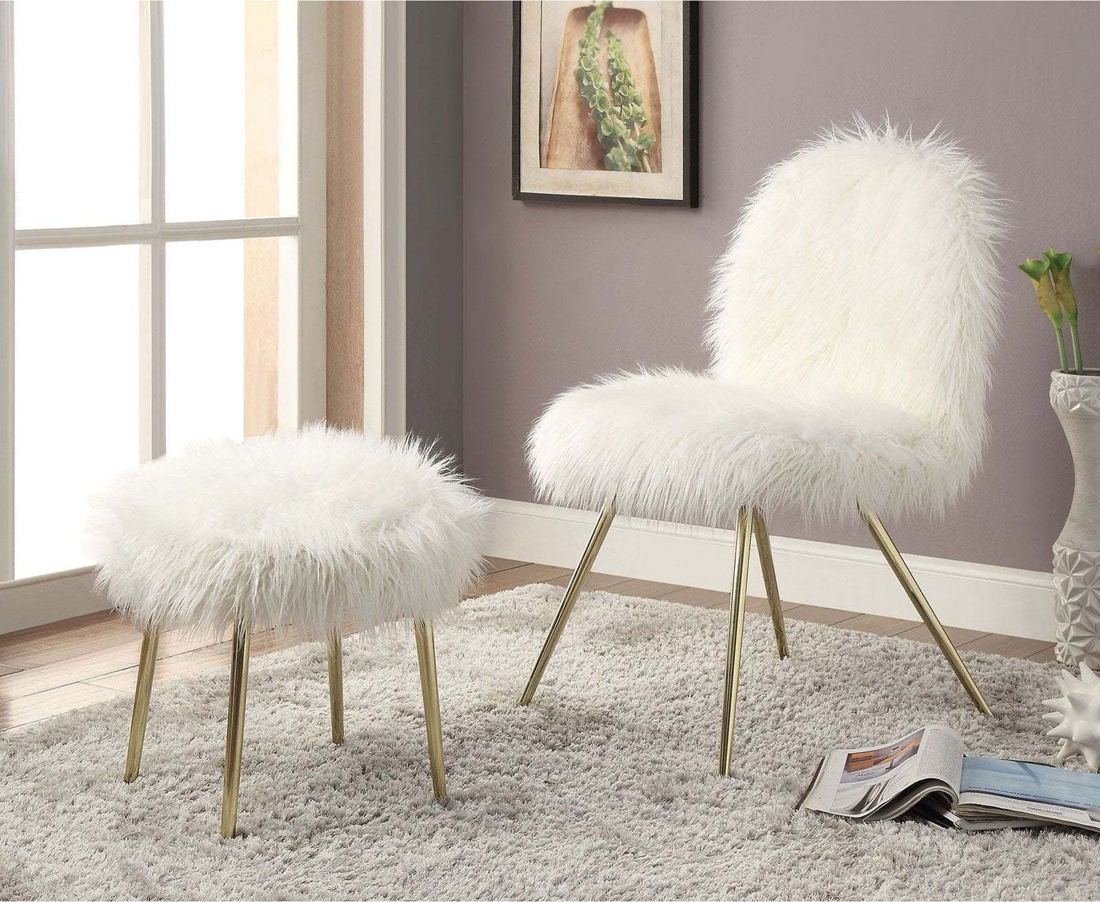 Contemporary Glam White Gold Fabric Faux Fur 1Pc Ottoman Upholstery Living Room Ottoman Seat White Gold Primary Living Space White Classic,Contemporary Square Solid Wood