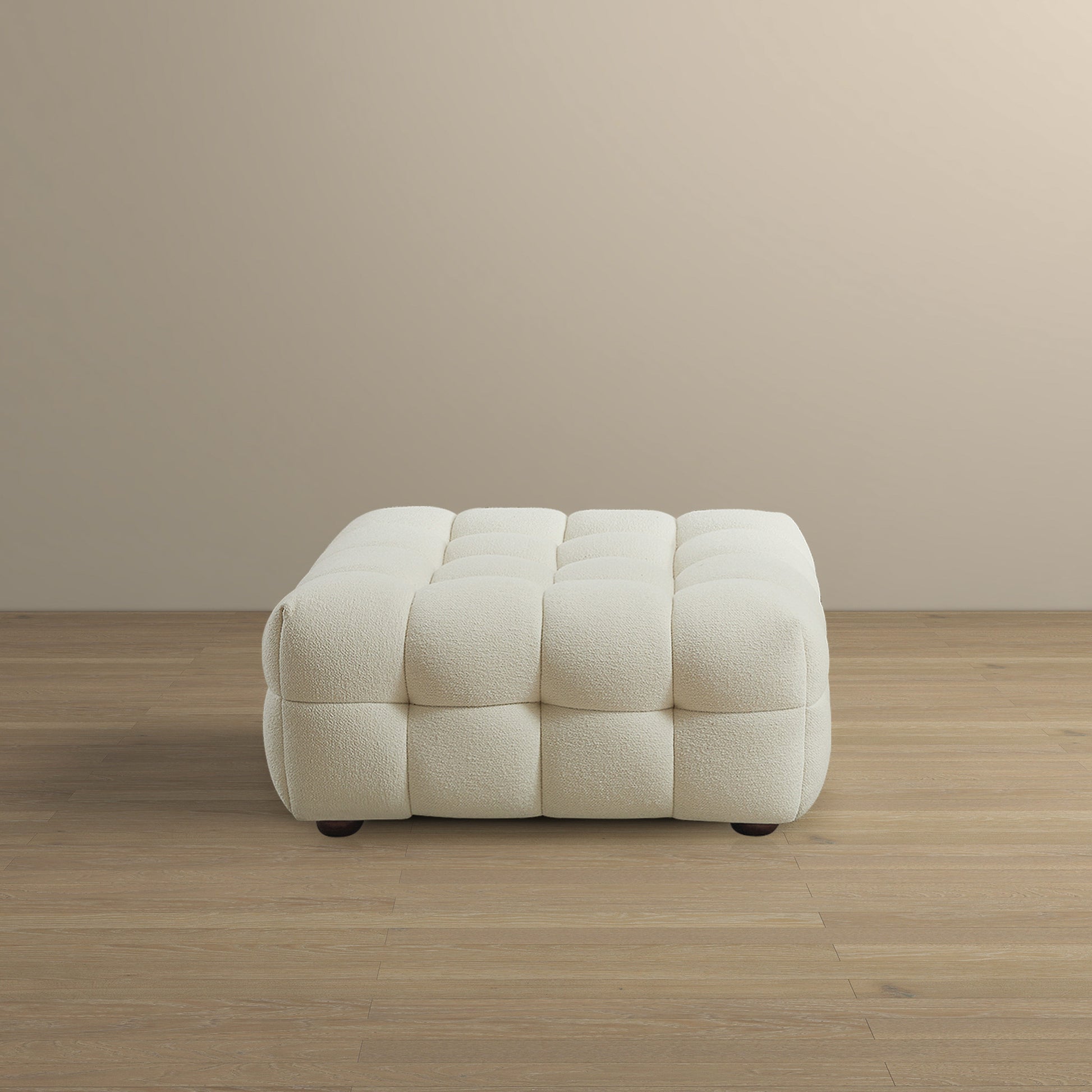 Morrison Ottoman Cream Boucle Cream,White Brown Wood Solid White Foam Tufted Boucle,Solid Wood