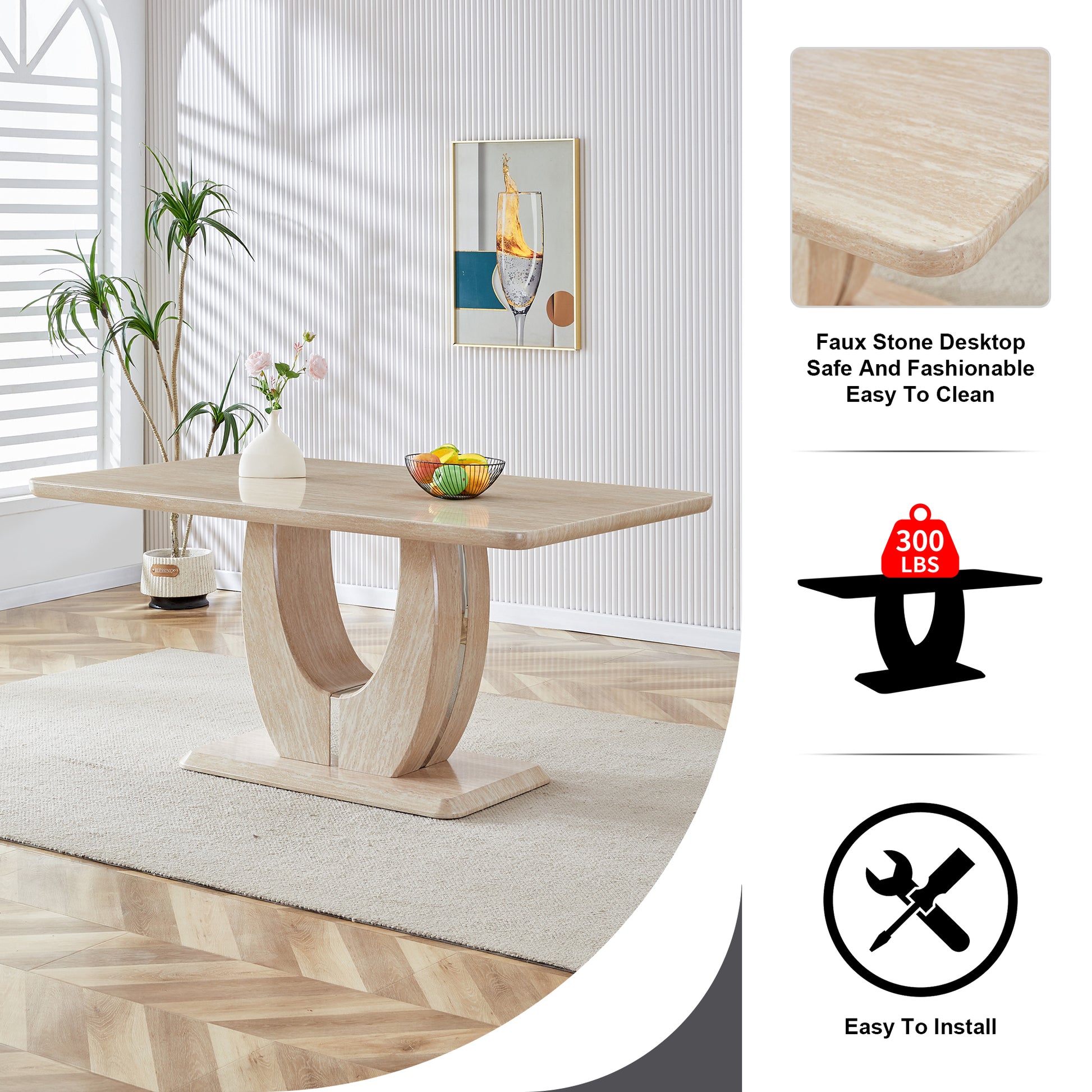 Table And Chair Set.Modern Minimalist Luxury Mdf Rectangular Dining Table With Textured Stickers On The Table, 6 Pu Synthetic Leather High Backrest Soft Cushioned Side Chairs. White Seats 6 Mdf