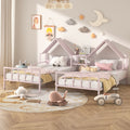 Metal Double Twin Size Platform Bed With House Shaped Headboard And A Built In Nightstand, Pink Box Spring Not Required Twin Pink Metal Metal