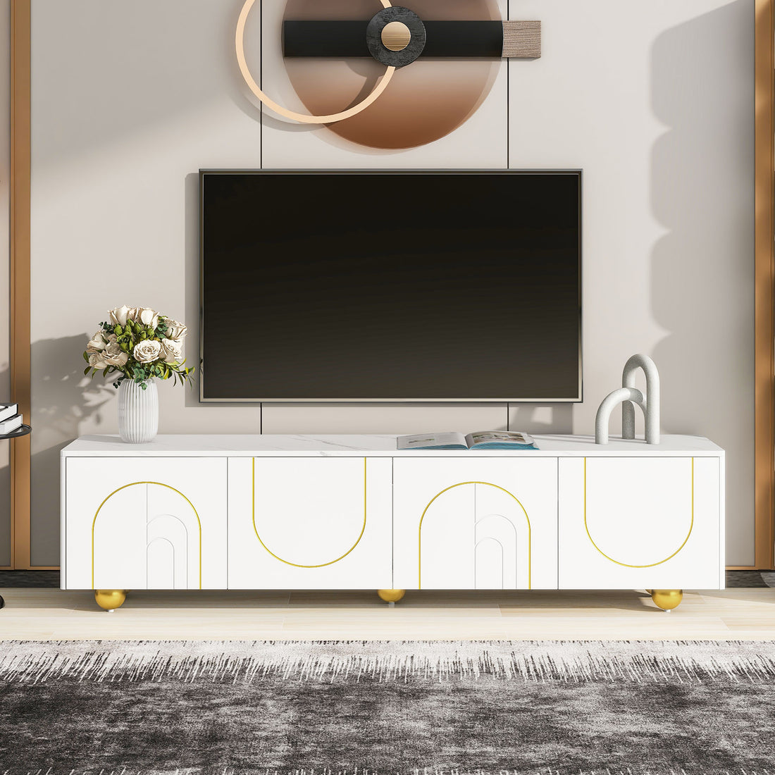 Modern Tv Stand For Tvs Up To 75 Inches, Entertainment Center With Storage Cabinets And 1 Adjustable Shelf, Media Console With Marble Patterned Top And Golden Round Metal Legs For Living Room White 70 79 Inches Mdf