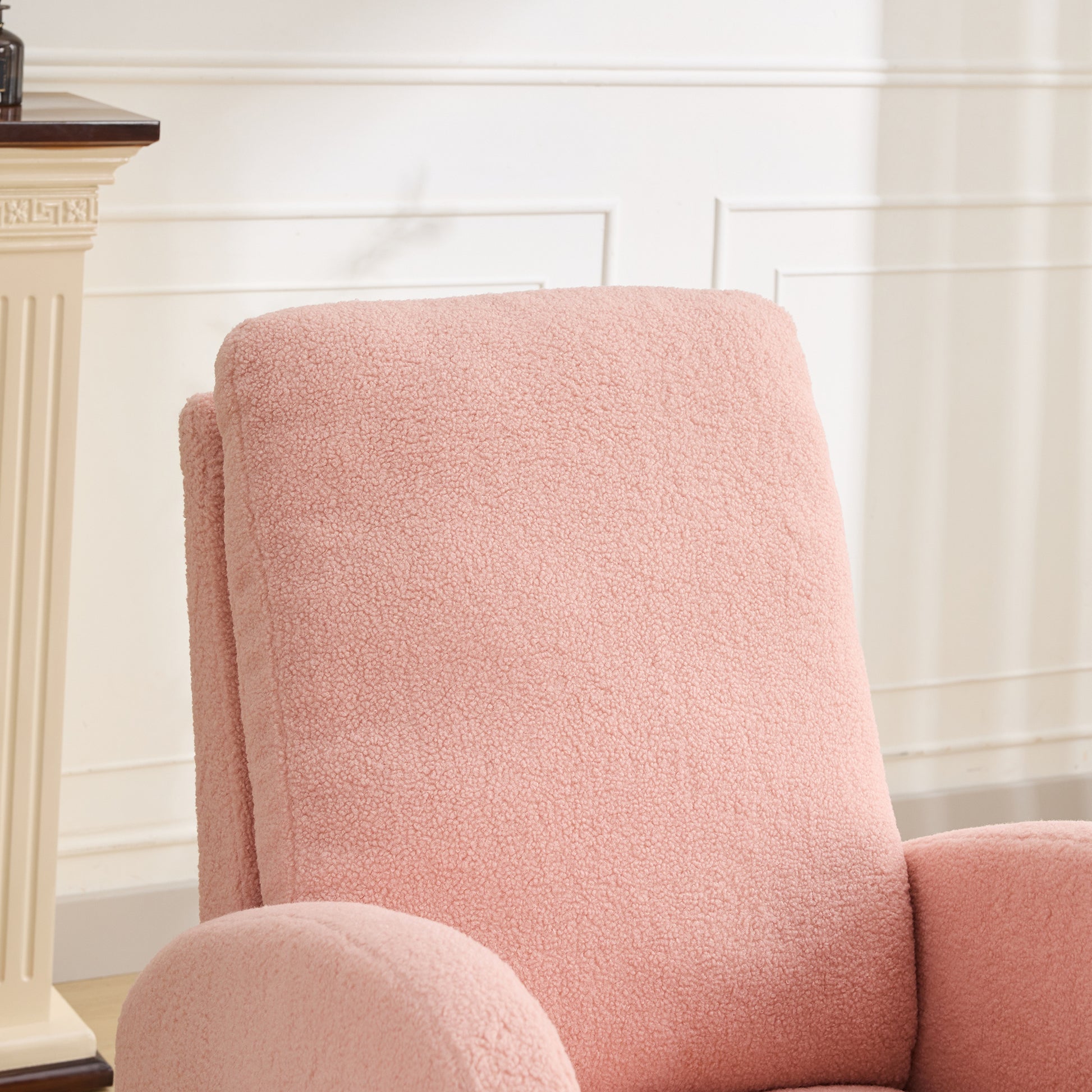 27.2"W Rocking Chair For Nursery, Sherpa Glider Chair With High Back And Side Pocket, Rocking Accent Armchair With Rubber Wood Legs For Living Room Bedroom.Pink Pink Sherpa