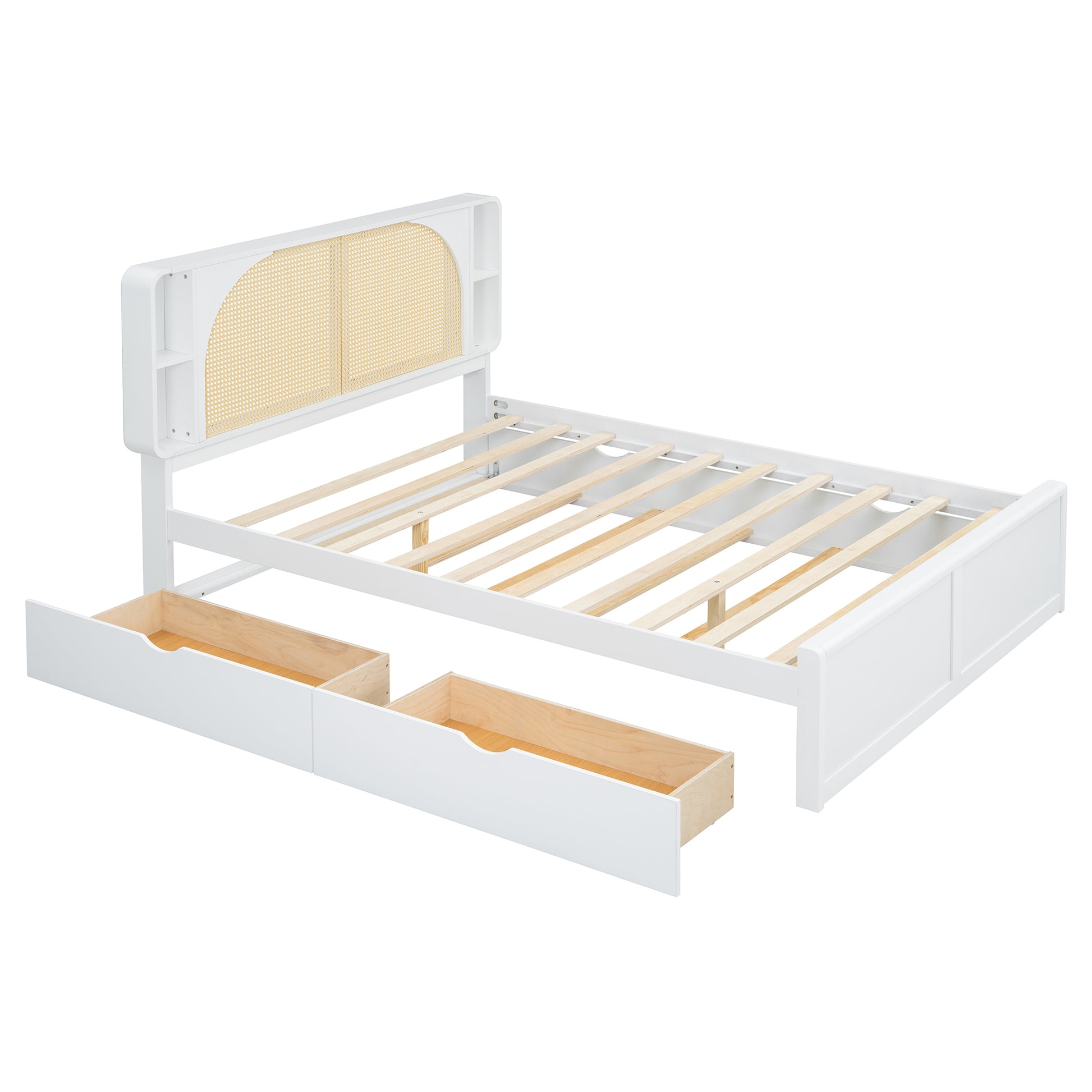 Queen Size Rattan Headboard Bed With Two Drawers And Trundle, White Queen White Solid Wood Mdf