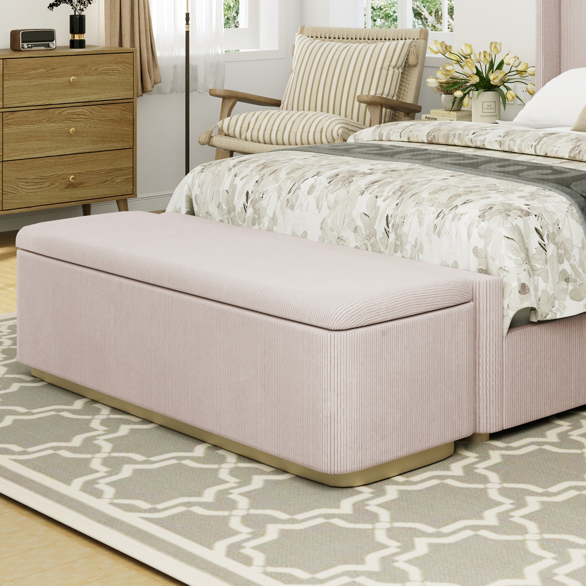 59.1" Corduroy Upholstered Storage Ottoman With Vertical Stripe Design, End Of Bed Bench, For Bedroom And Living Room,Pink Pink Wood Metal