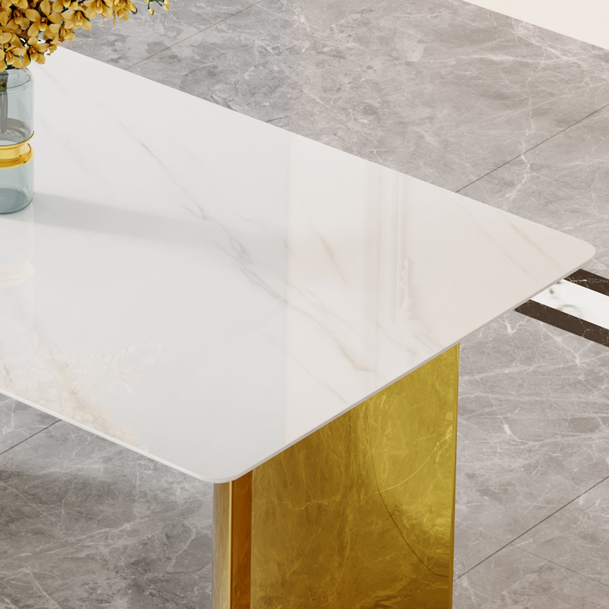 Modern Minimalist Dining Table. White Imitation Marble Glass Sticker Tabletop, Golden Table Legs, Stable And Beautiful. Suitable For Living Room And Dining Room 63" *35.4" *30 Dt 69 White Glass