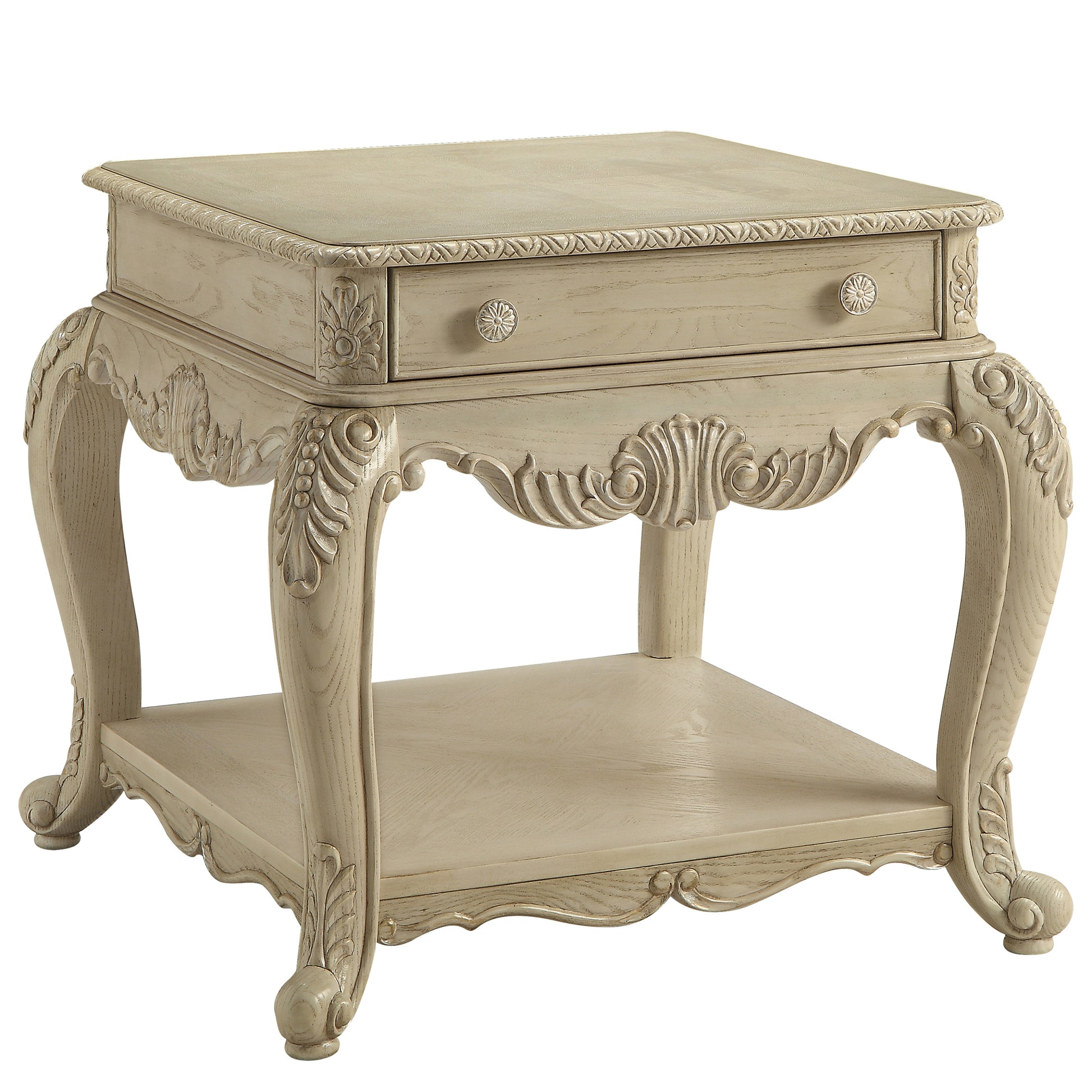 Antique White End Table With Bottom Shelf White Primary Living Space Drawers Rectangular Mdf