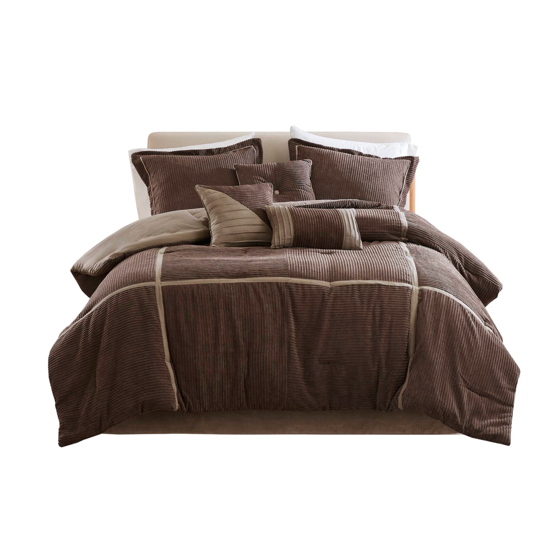 7 Piece Micro Corduroy Comforter Set Brown Cal King Brown Polyester