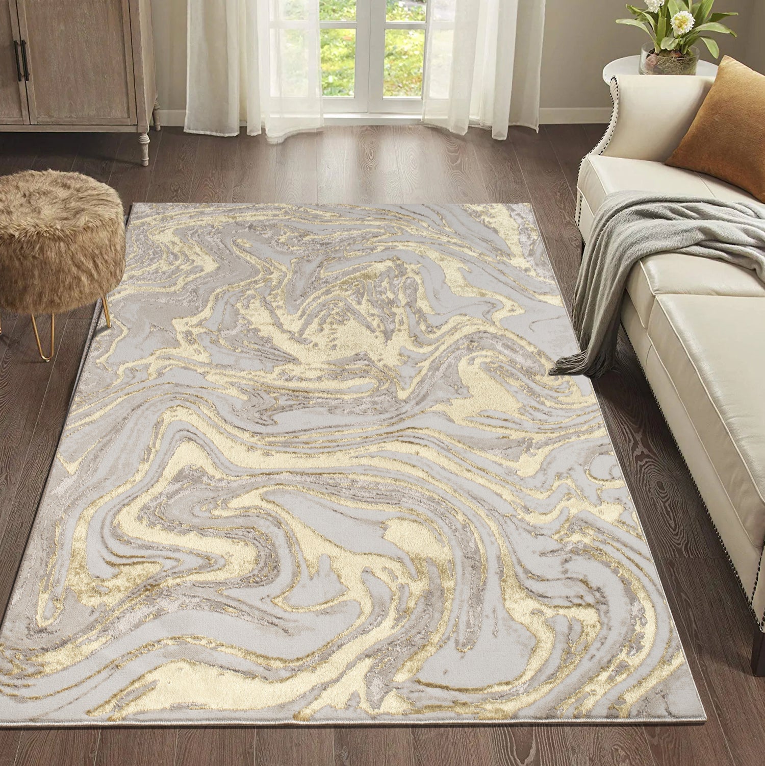 "Paz" Luxury Area Rug In Beige And Gold Abstract Design Multicolor Polyester